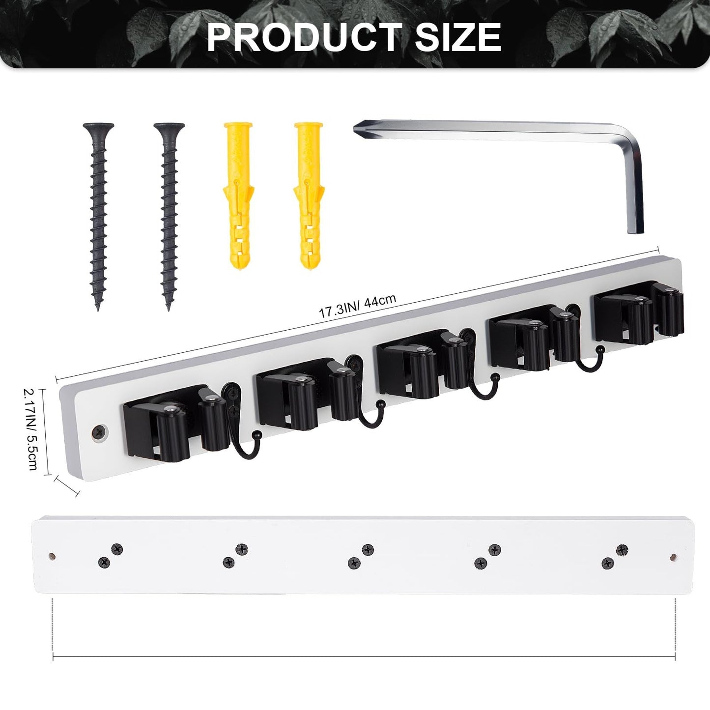 2 Pack Wall Mount Broom Holder with 5 Slots & 4 Hooks - Rustic Wood Tool Organiz2