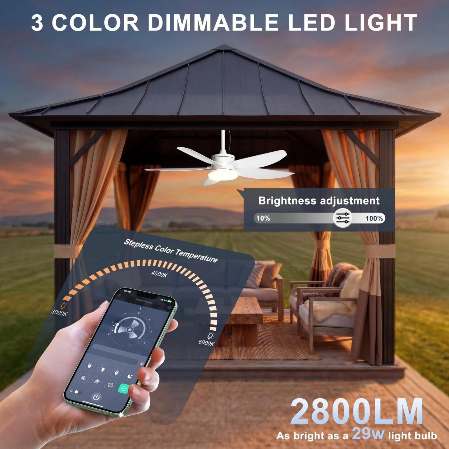42" Waterproof Outdoor Ceiling Fan with Lights, Remote Control, Quiet DC Motor,4