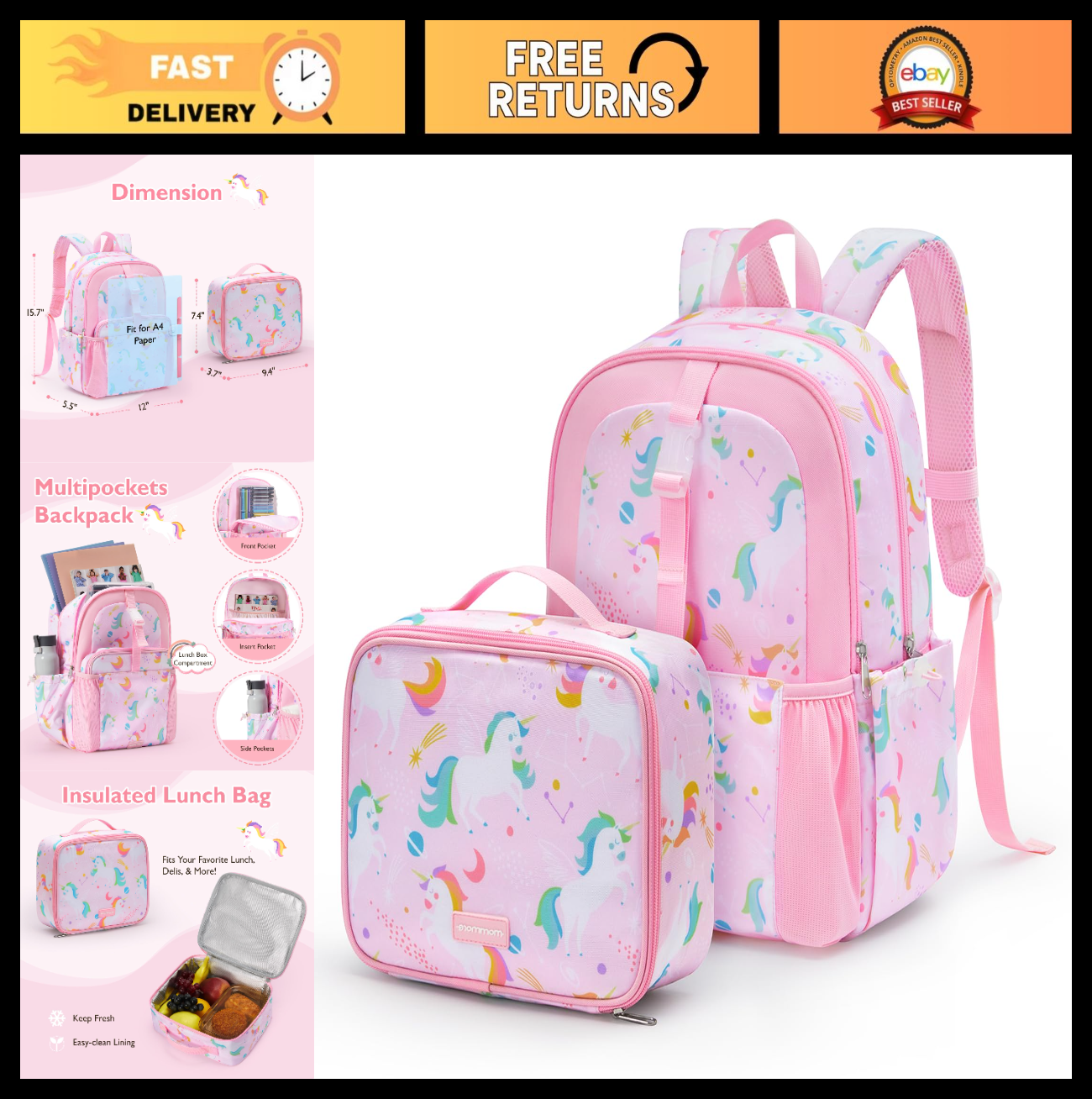 Kids Backpack Set for Kindergarten, School Bookbag with Lunch Box, 15L Capacity,0