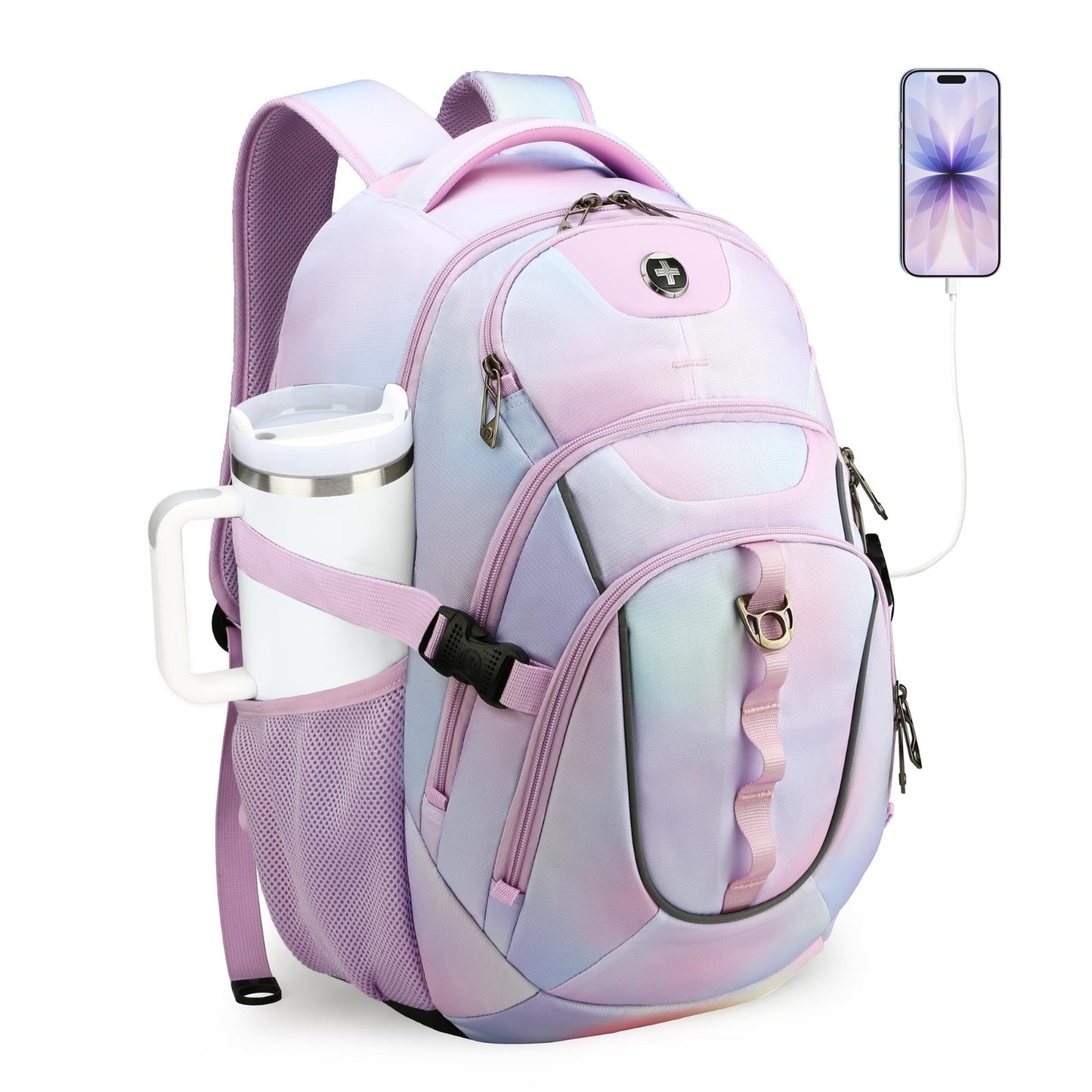 Stylish Pink Purple Laptop Backpack, Travel Bag with Multiple Compartments, Dura1
