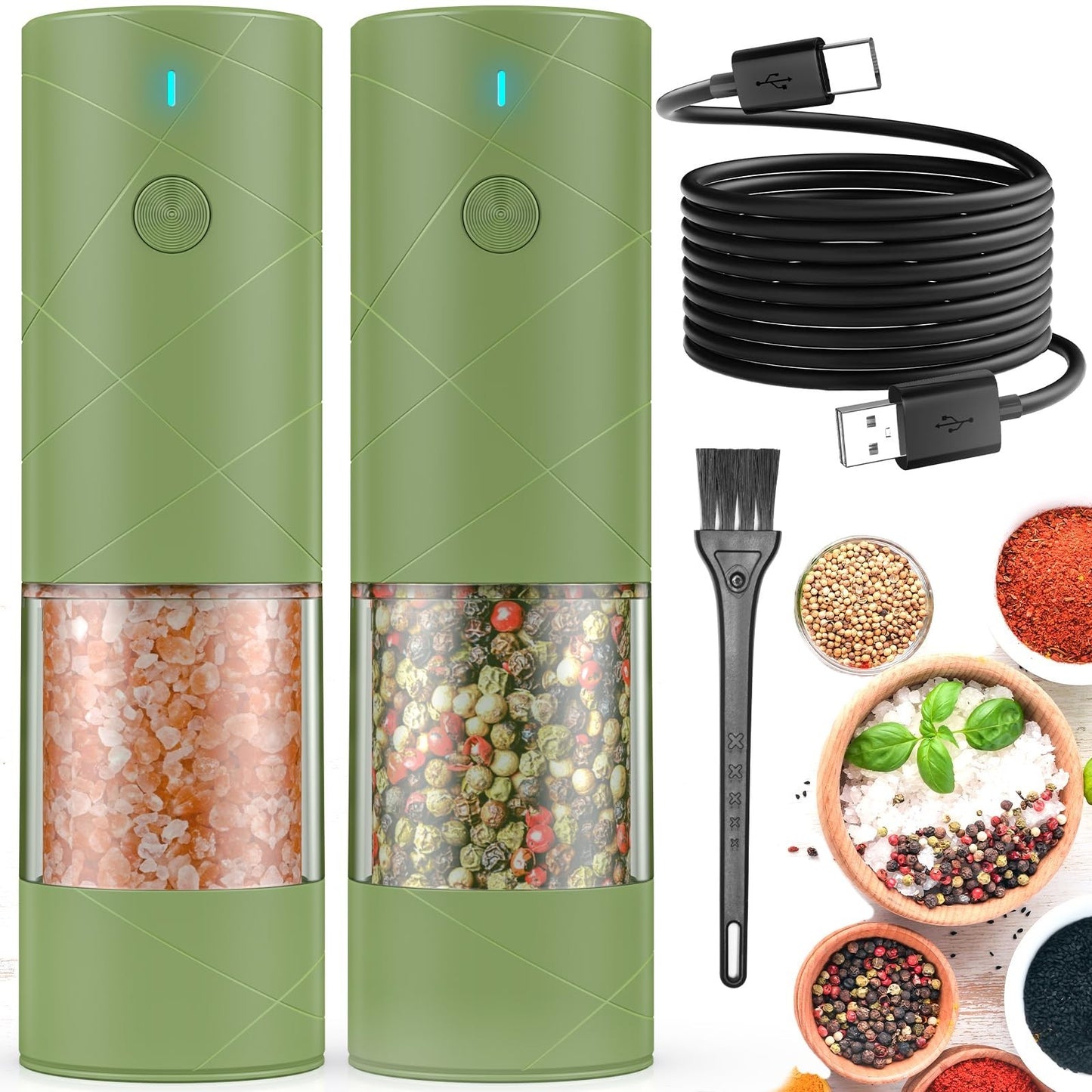 2 Pack USB Rechargeable Electric Salt & Pepper Grinders with LED Light, Adjustab1