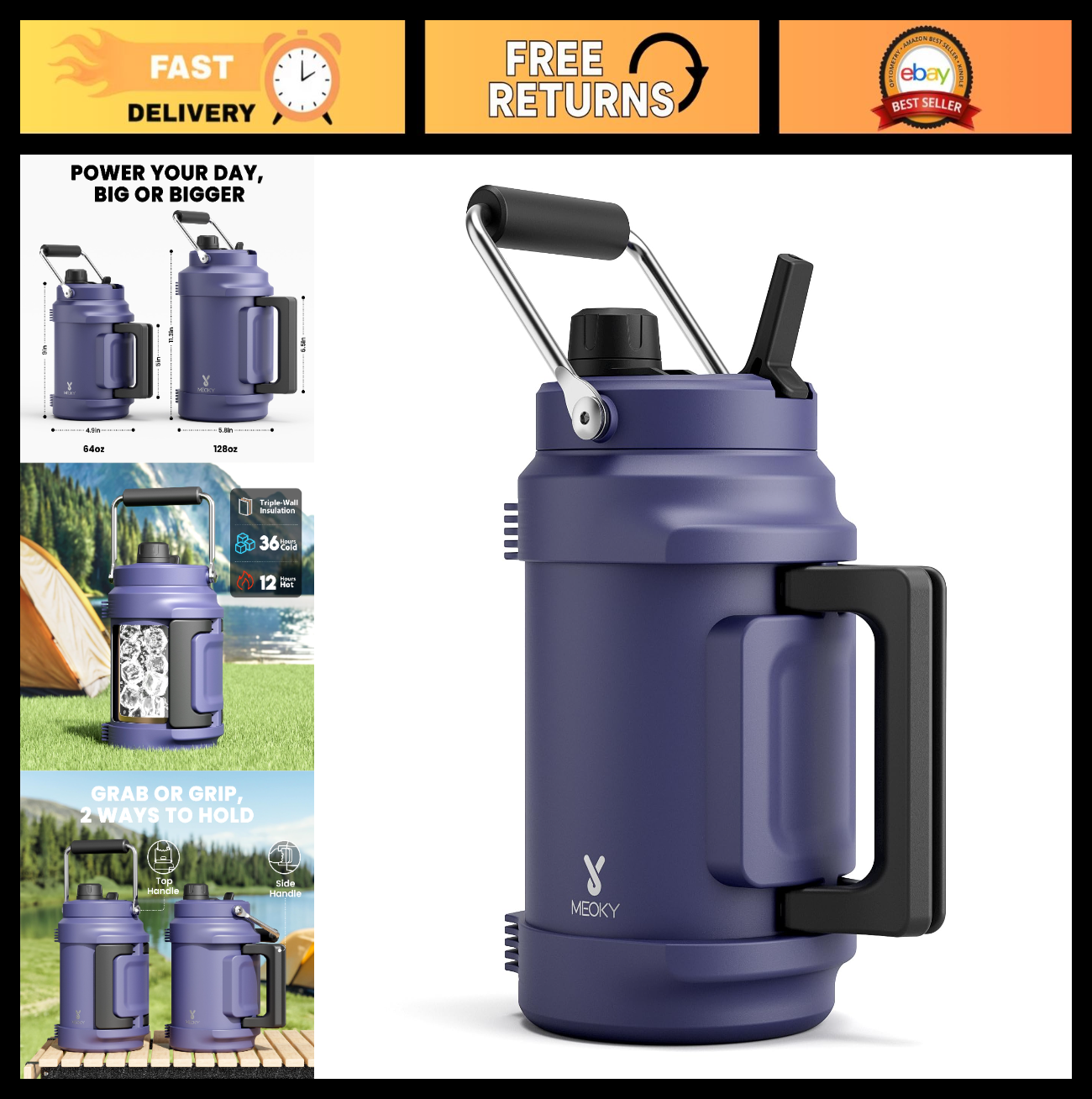 64 oz Insulated Water Bottle - Triple Wall Vacuum, Leak Proof, 36H Cold - Gym &0
