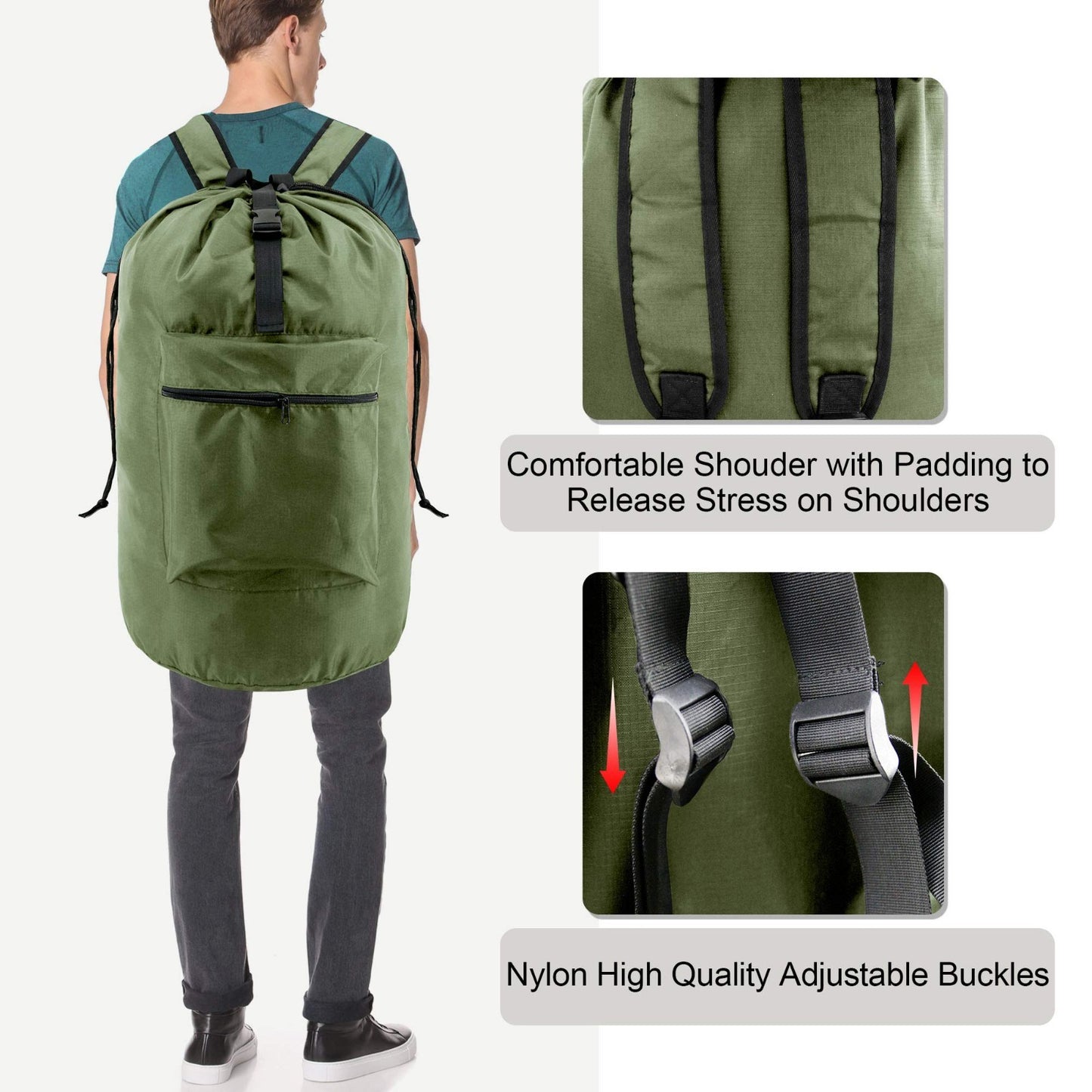 Moss Green Laundry Backpack Bag - Adjustable Straps, Portable Hamper, XLarge Rip3