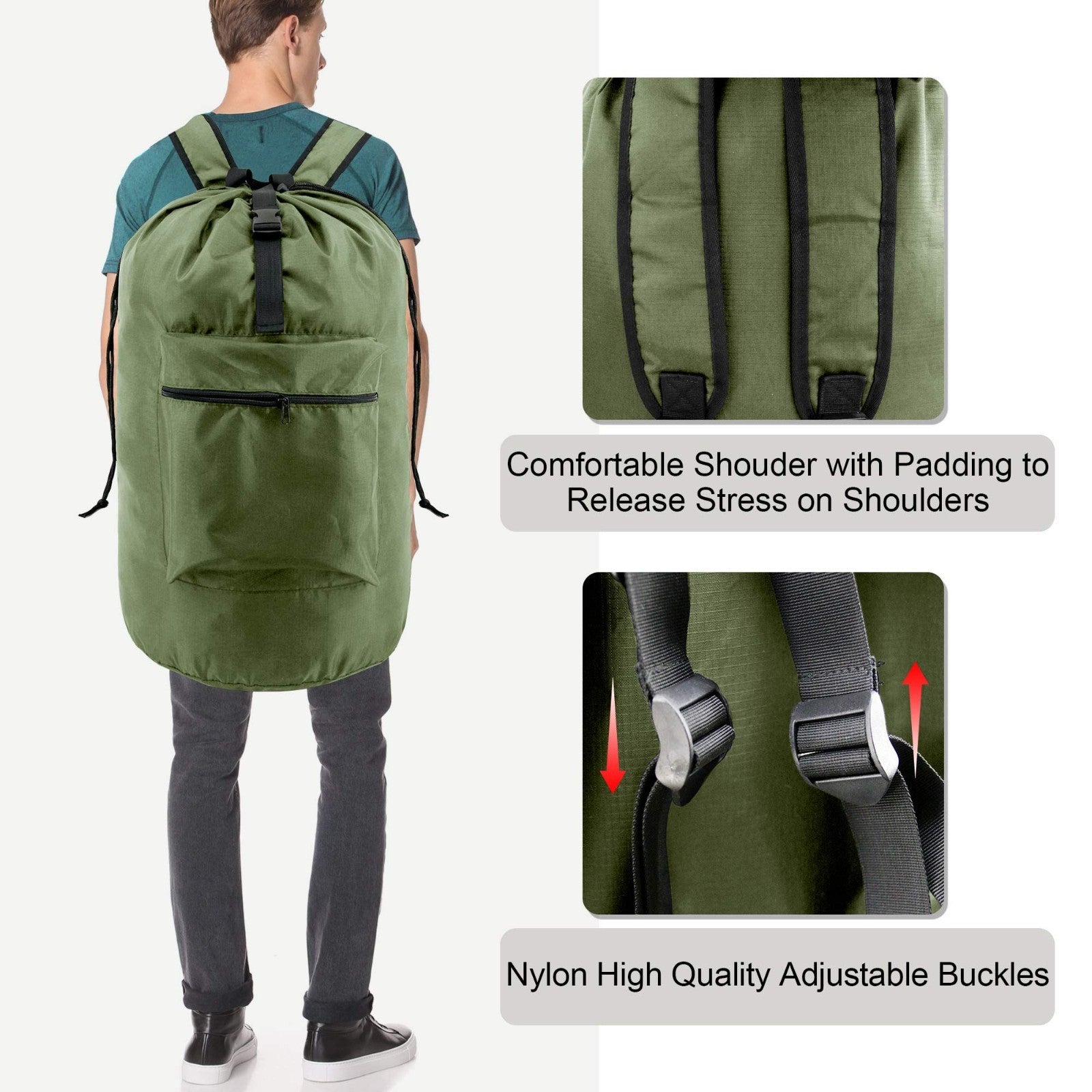 Moss Green Laundry Backpack Bag - Adjustable Straps, Portable Hamper, XLarge Rip3