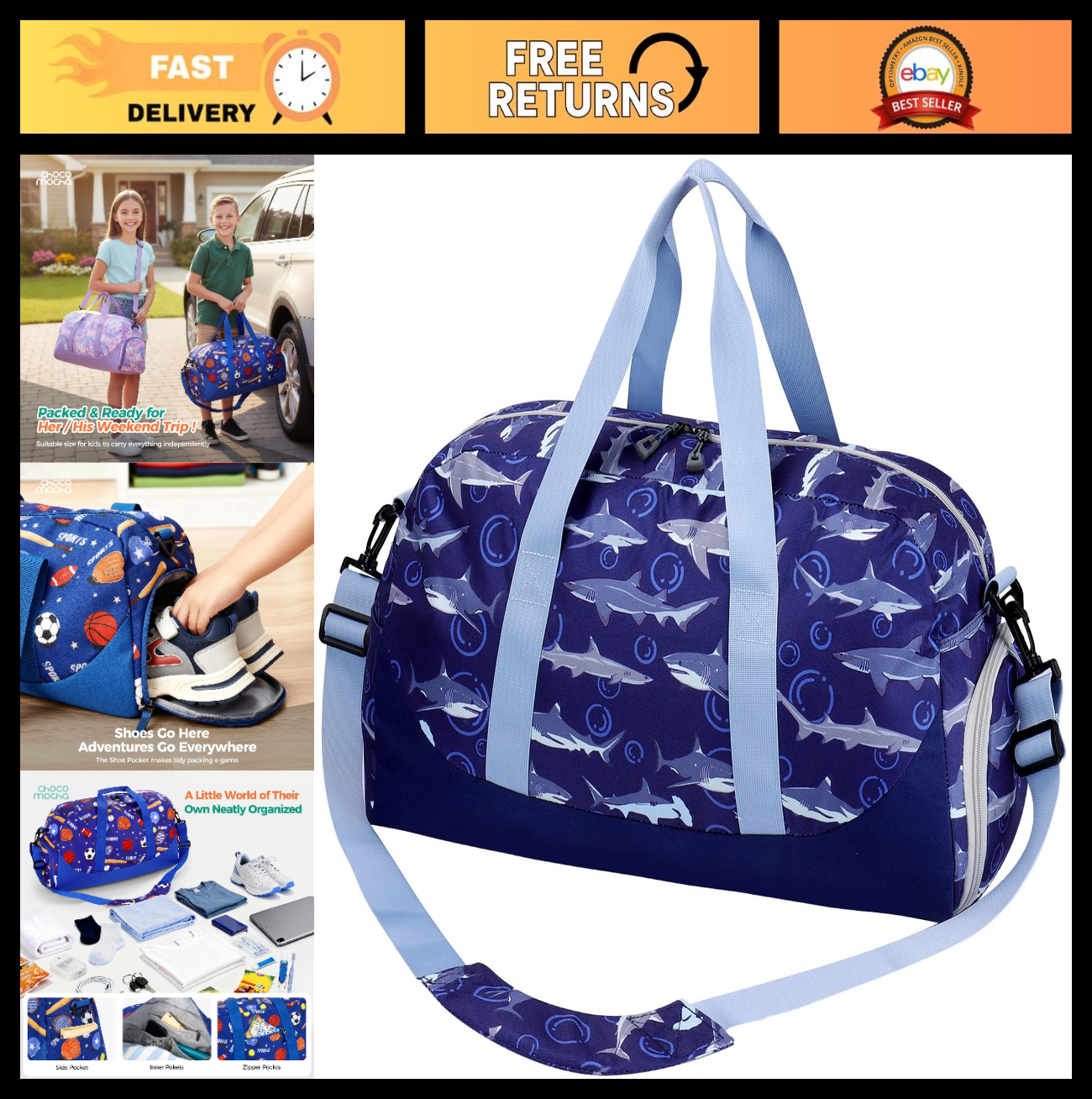 Kids Shark Duffle Bag - Large Overnight Travel Bag with Shoes Compartment, Gym &0