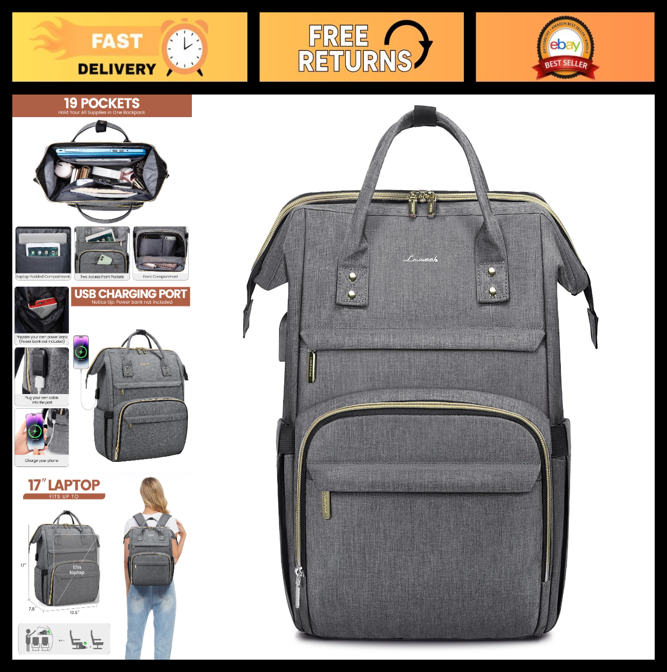 Stylish 17" Laptop Backpack for Women   Waterproof Travel Bag with USB Port, Ide0