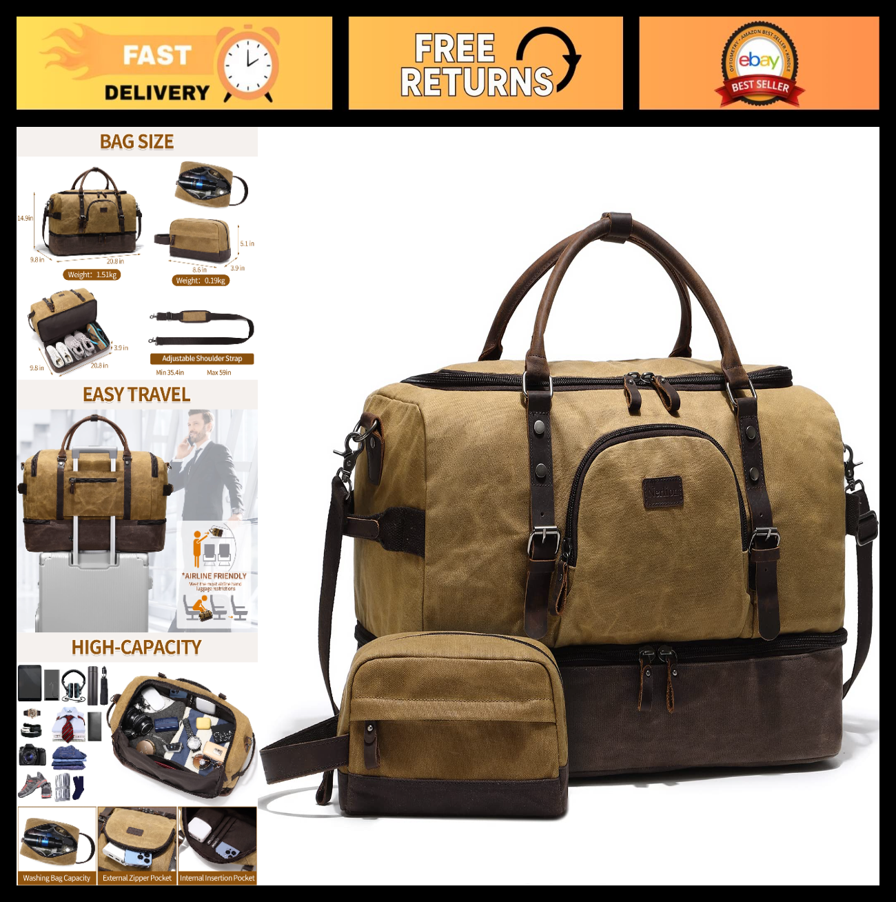 Large Canvas Overnight Bag with Shoe Compartment - Men's Travel Duffel Luggage0