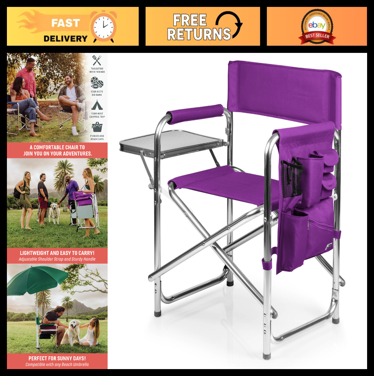 Lightweight Folding Camping Chair with Side Table & Armrest Caddy - Portable Out0
