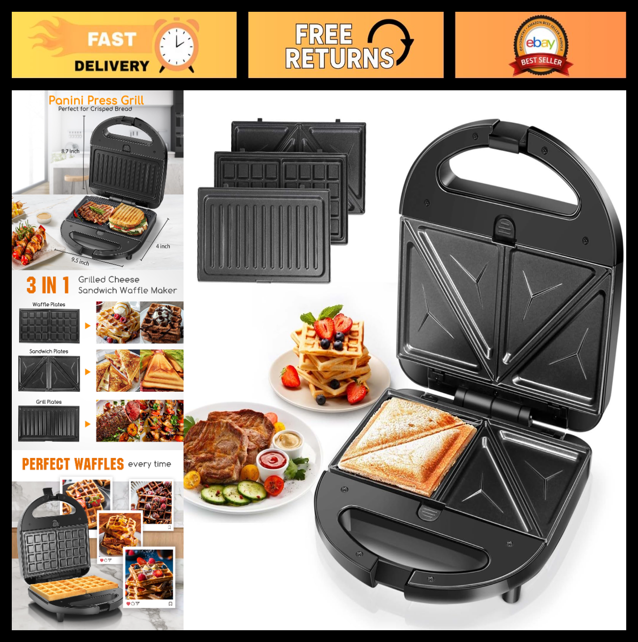 3-in-1 Electric Sandwich Maker & Panini Press with Non-Stick Plates, Waffle Make0