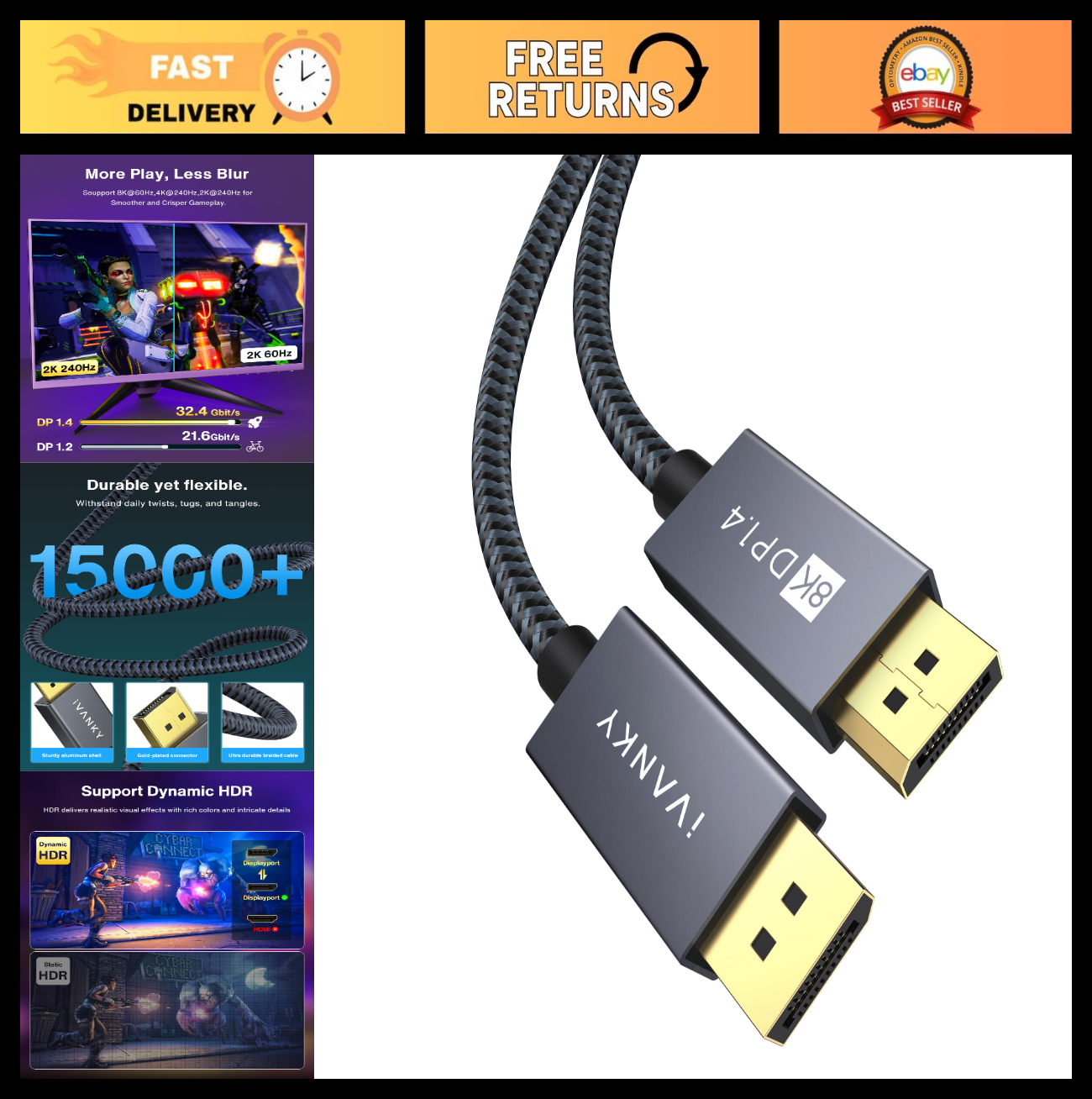 8K DisplayPort Cable 1.4, 10ft DP to DP Cord, 32.4Gbps, Supports HBR3, HDR10, Ga0