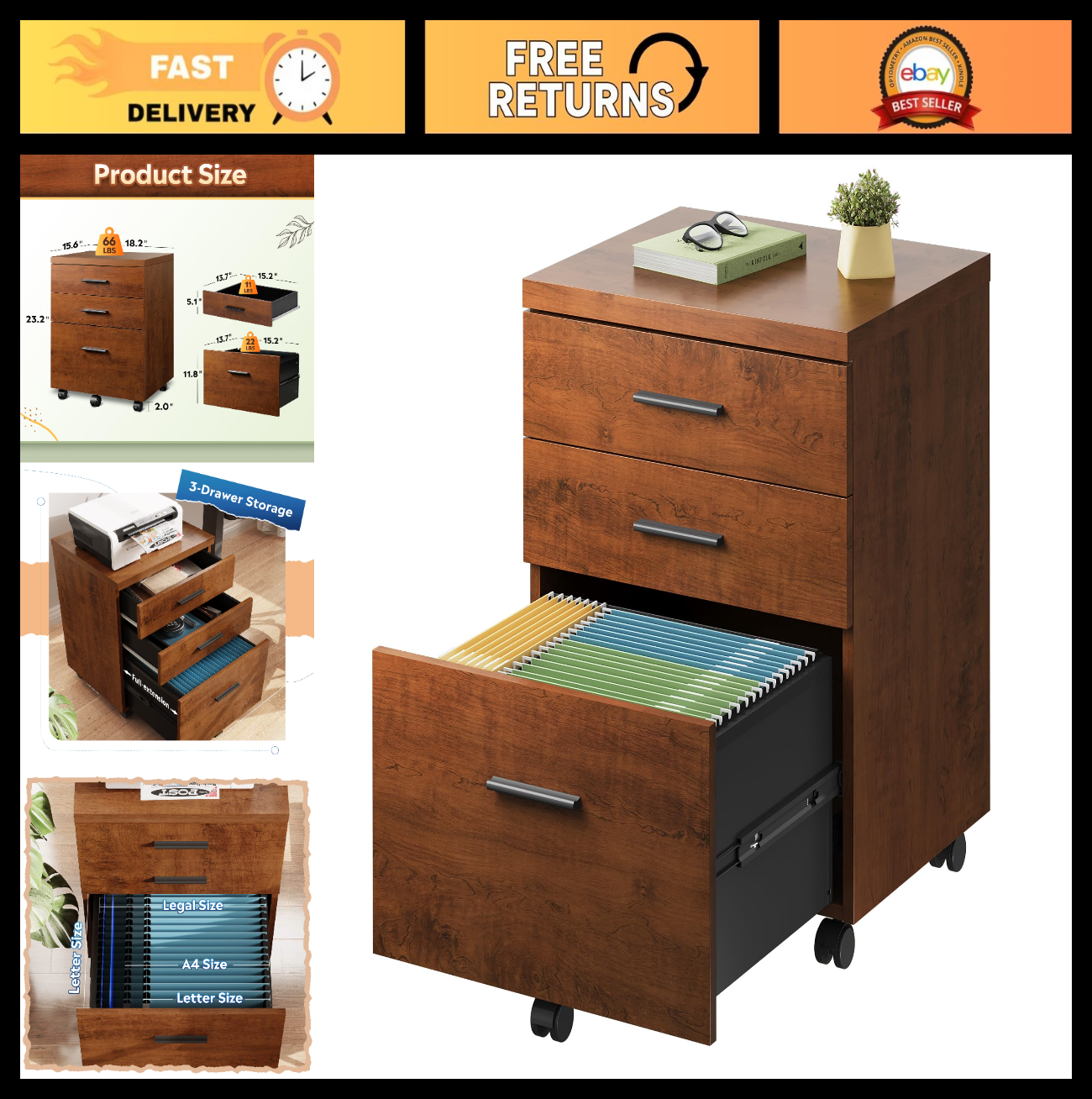 3 Drawer File Cabinet for Home Office   Wood Under Desk Storage, Rolling Printer0