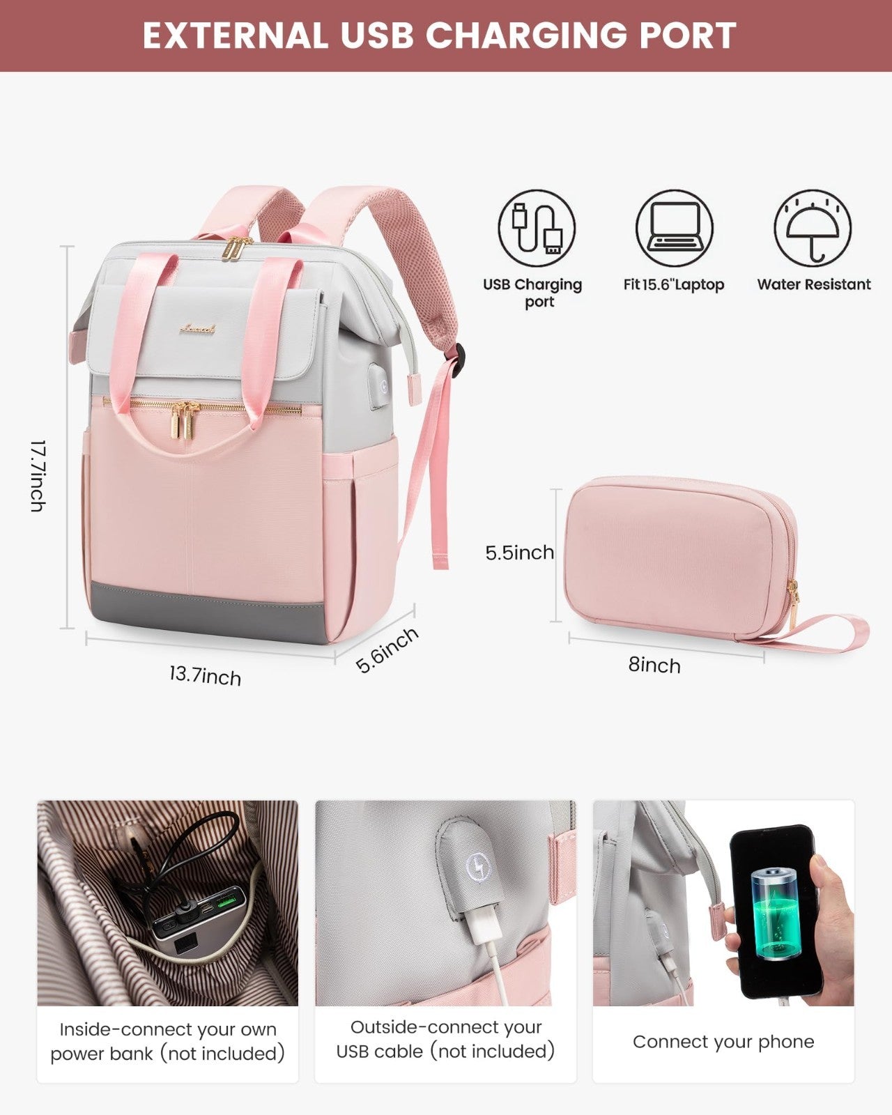 Stylish 15.6" Laptop Backpack for Women, Waterproof Travel Bag with USB Port, Or4