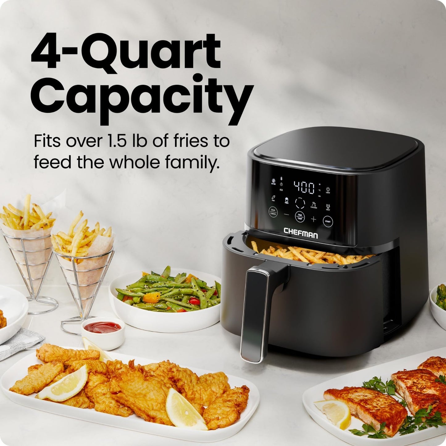 Compact 4QT Air Fryer with Hi Fry Technology, Touchscreen Controls, Nonstick Bas3