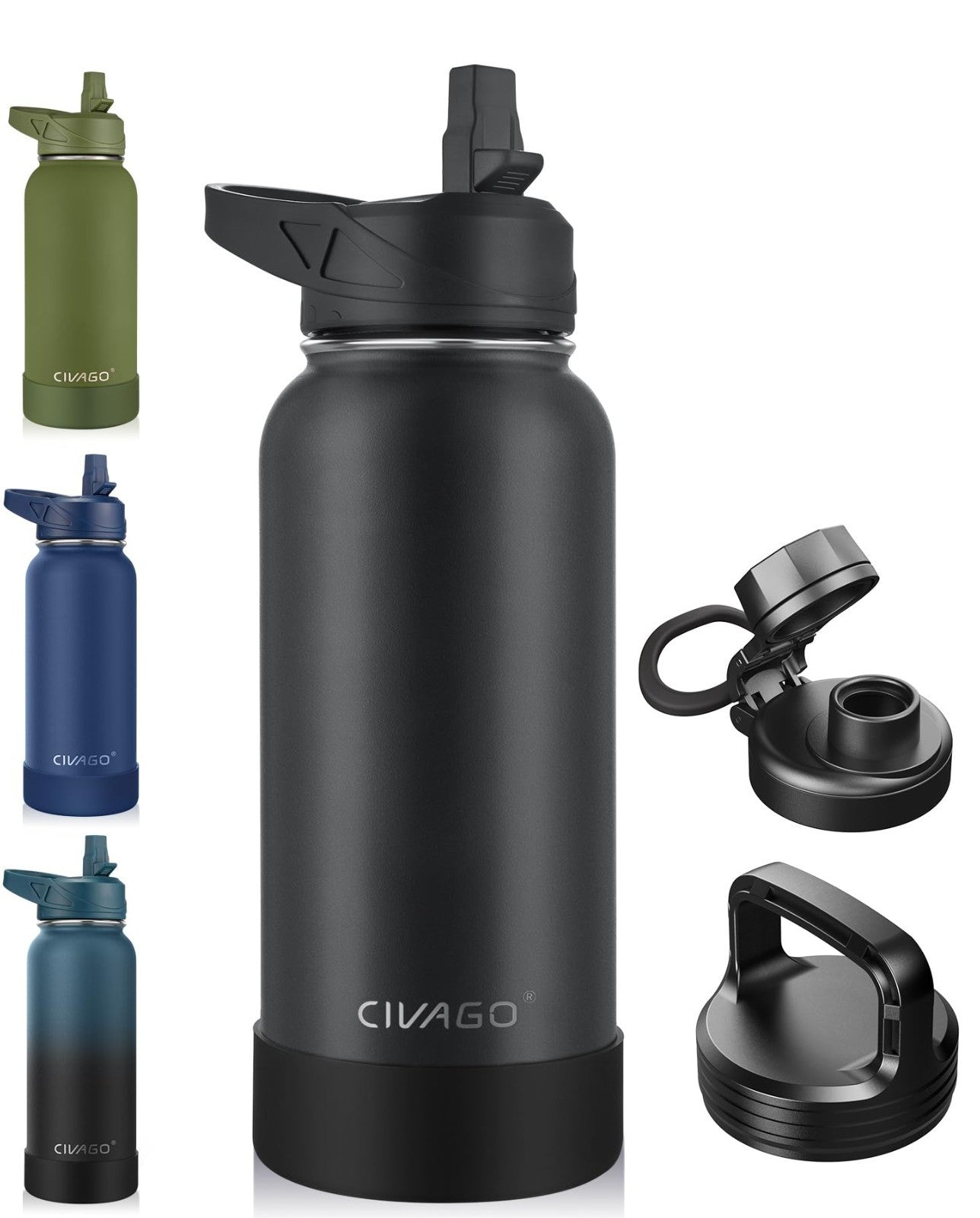 32 oz Insulated Stainless Steel Water Bottle with Straw & 3 Lids   Travel Mug, B1