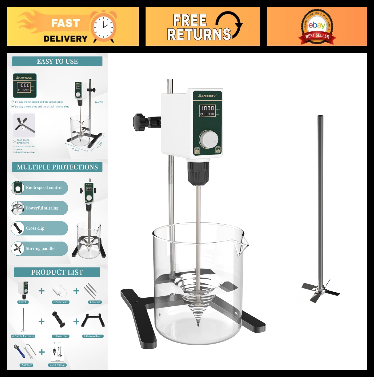 High Viscosity Overhead Stirrer 20L, 100-1500RPM, Digital Timer, Lab Mixer, Padd0