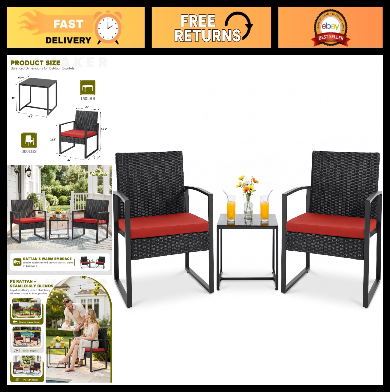 3 Piece Outdoor Wicker Patio Furniture Set   Modern Rattan Bistro Chairs & Table0