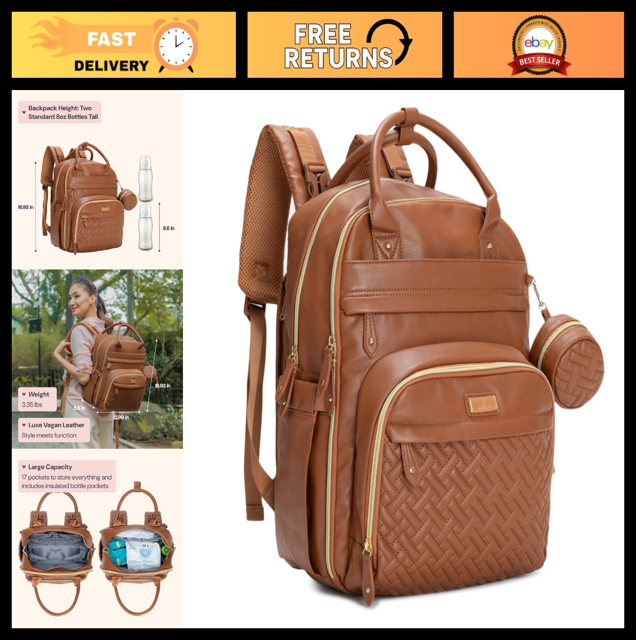 Leather Diaper Bag Backpack   Multi Function Baby Travel Bag, Water Resistant, C0
