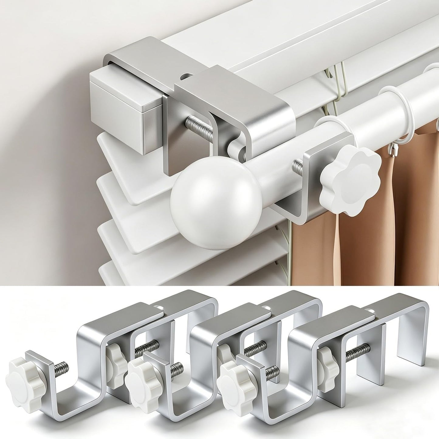 No Drill Curtain Rod Brackets for Outside-Mount Blinds, Tool-Free Holders, 3 Pac1