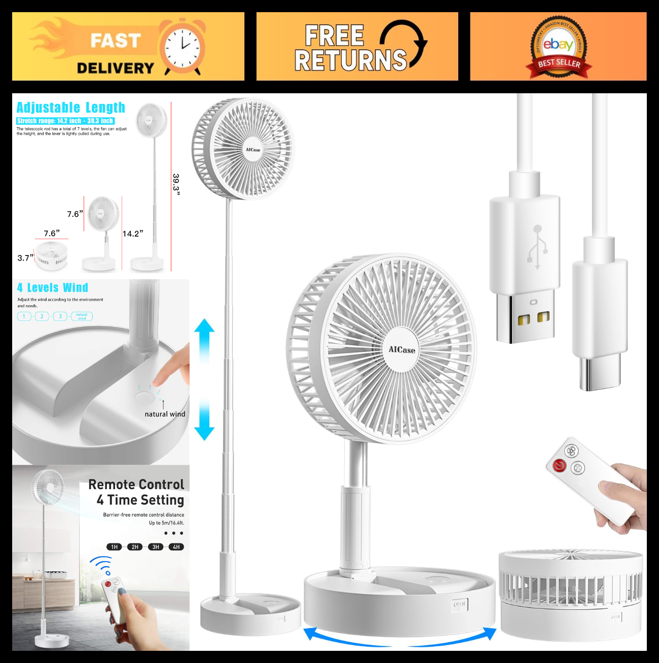 Portable Folding Stand Fan, USB Rechargeable 7200mAh, 4 Speed Adjustable Height,0