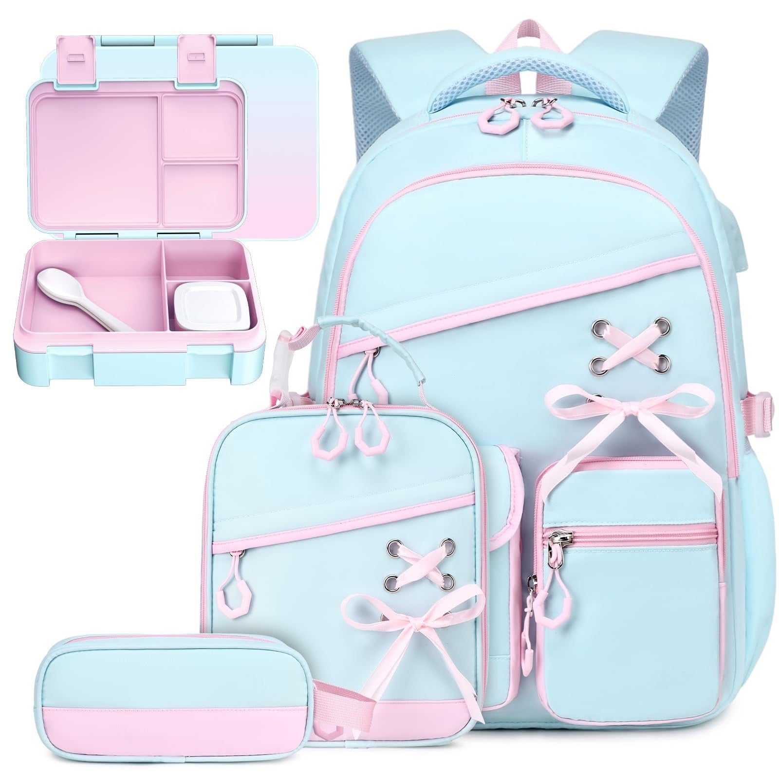 Girls School Backpacks Set   6PCS with Bento Box, Lunch Bag & Pencil Pouch, Aqua1