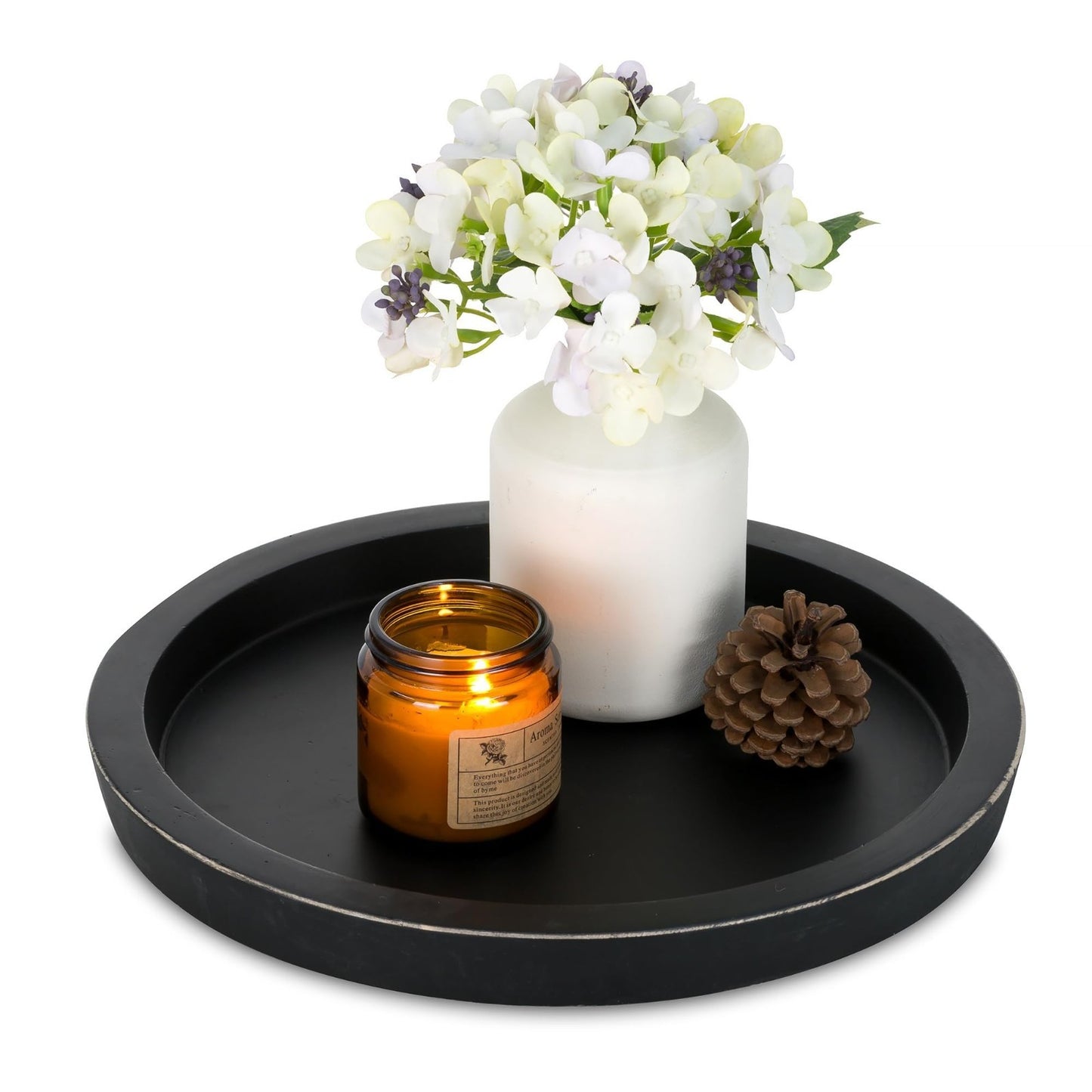 Round Black Wooden Tray for Coffee Table - Vintage Candle Holder Plate, Rustic D1