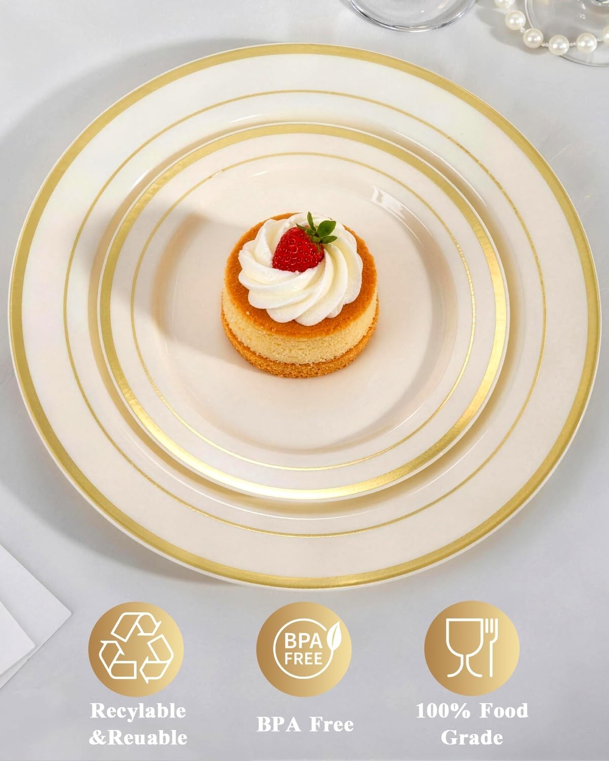 200 PCS Ivory Gold Heavy Duty Disposable Plates | 100 Dinner & 100 Dessert Plate3