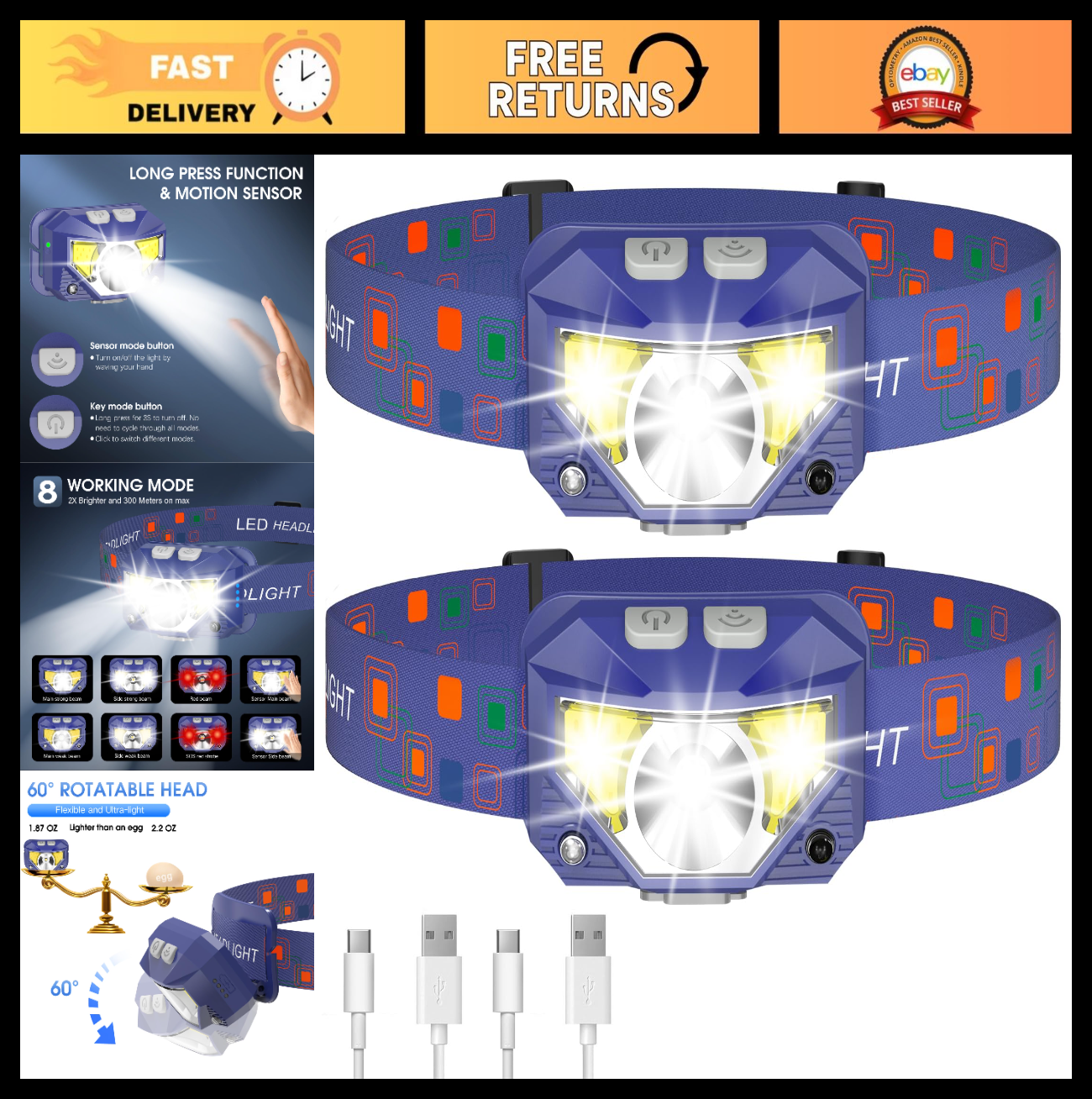 Ultra Bright Rechargeable LED Headlamp Flashlight, 2 Pack, Waterproof, 8 Modes f0