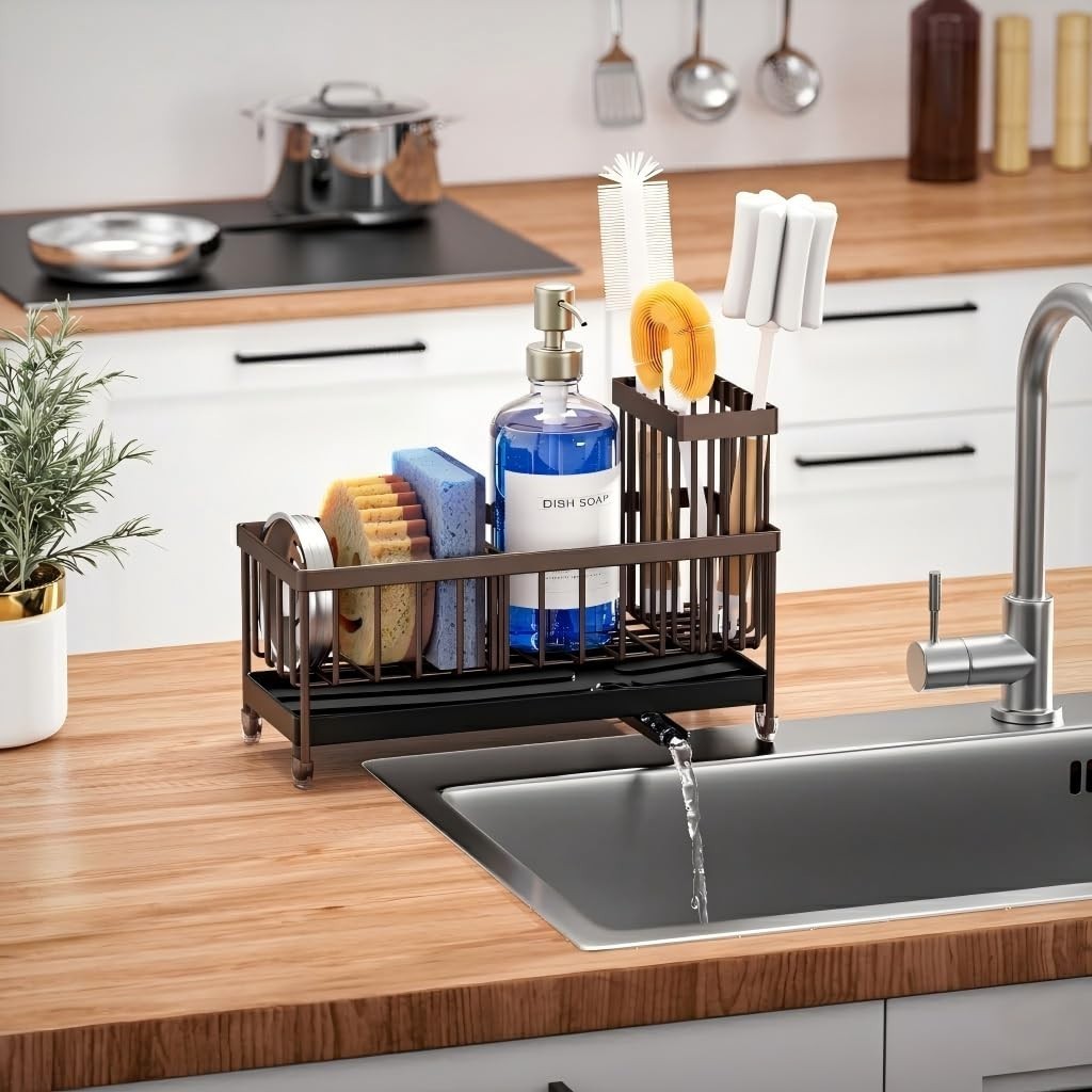 Brown Kitchen Sink Sponge Holder Caddy, Rustproof 304 Stainless Steel Organizer,5