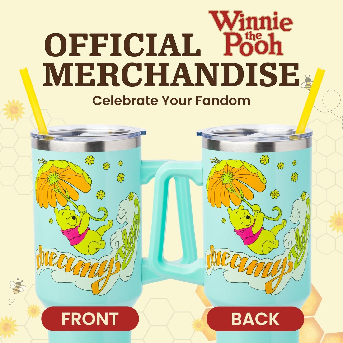 40oz Double Walled Stainless Steel Tumbler with Handle & Straw   Disney Pooh Art5