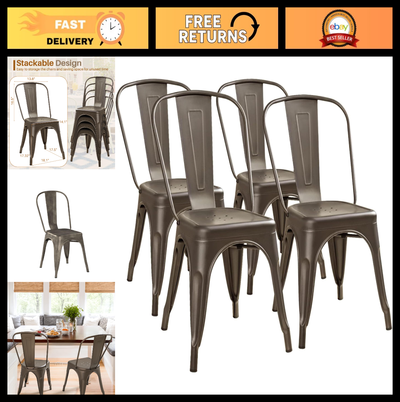 Stackable Metal Dining Chairs Set of 4   Indoor Outdoor Bistro Cafe Side Chairs0