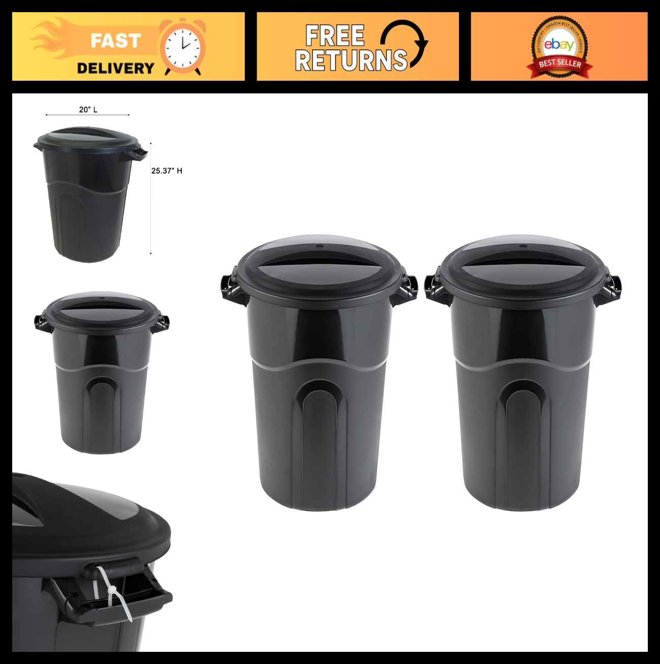 20 Gallon Round Trash Can, Black - Sturdy Waste Container with Handles, 2-Pack0