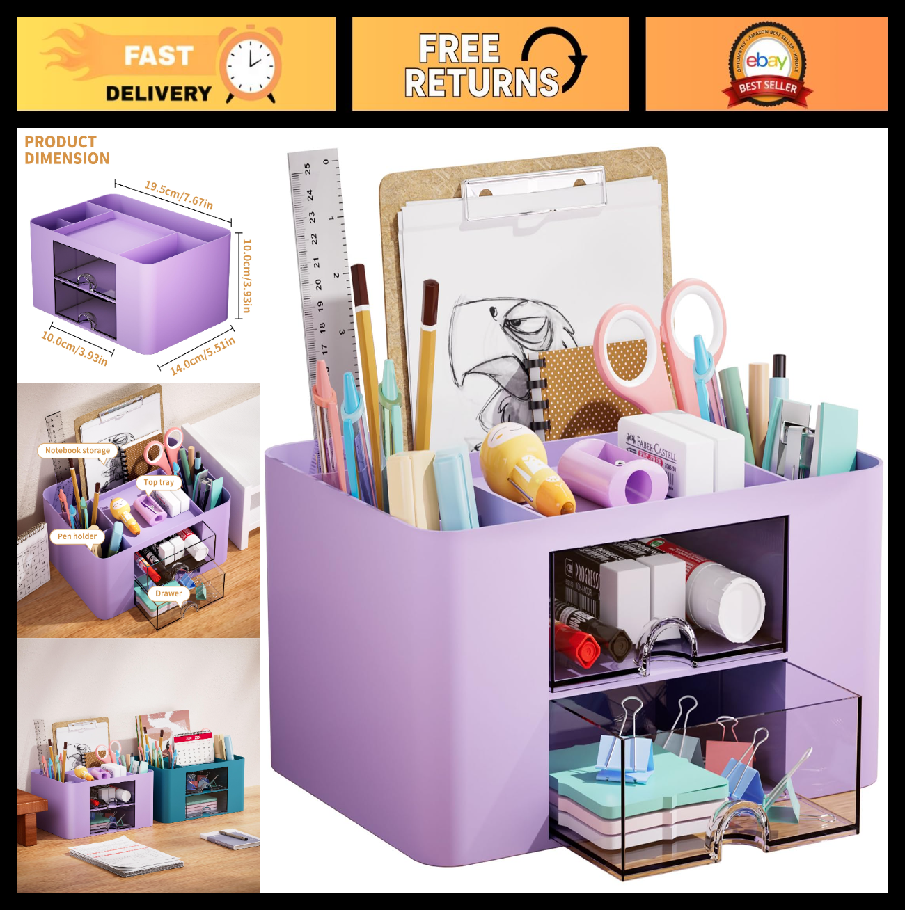 Multi Functional Desk Organizer with 2 Drawers, 5 Compartments, Pencil Holder  0