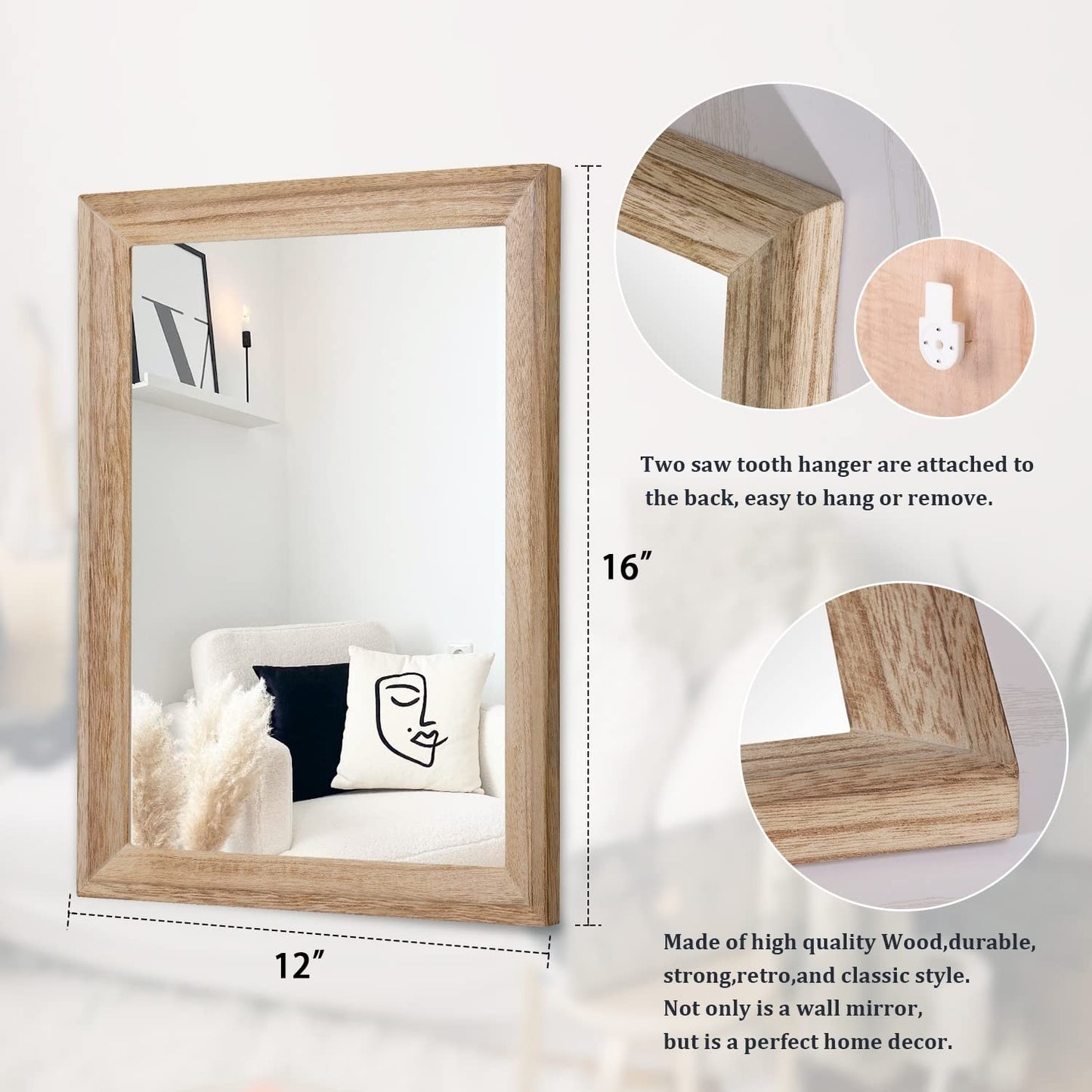 Rustic Wall Mirror - Rectangle Wooden Frame Hanging Decor for Bedroom, Bathroom,2