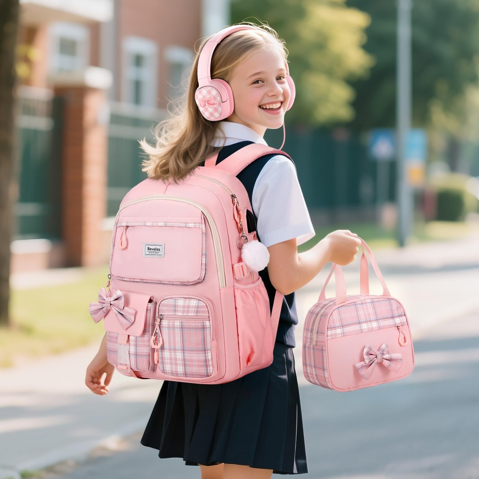 Cute Bow Backpack for Girls, School Bag Set with Lunch Bag & Pen Case, Stylish &5