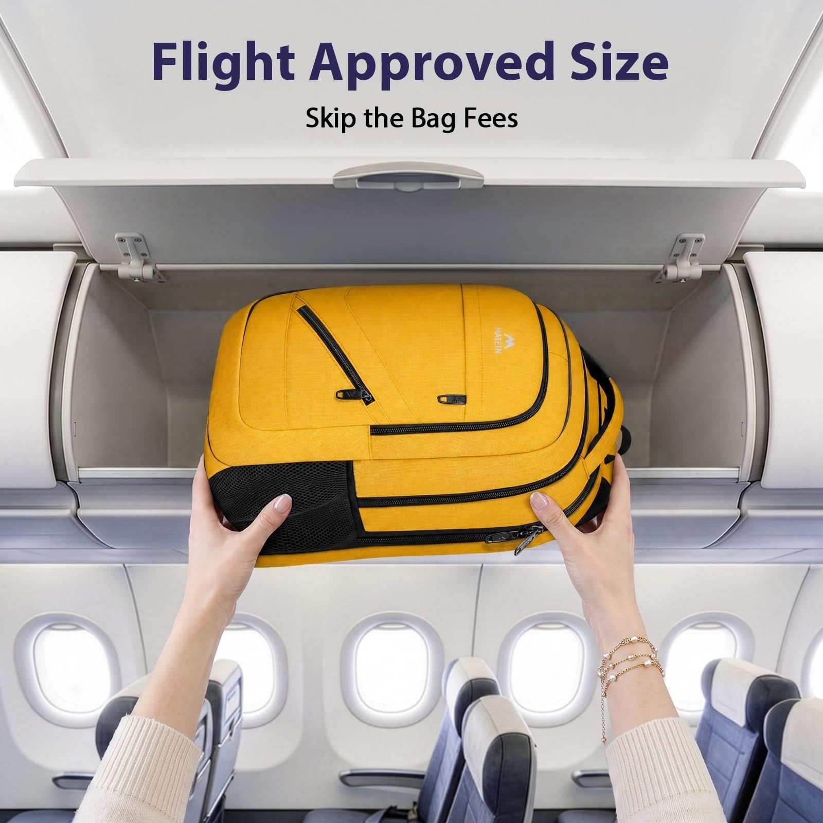 Water Resistant Yellow Backpack for Women, 17" Travel Carry On Bag, Stylish & Du4