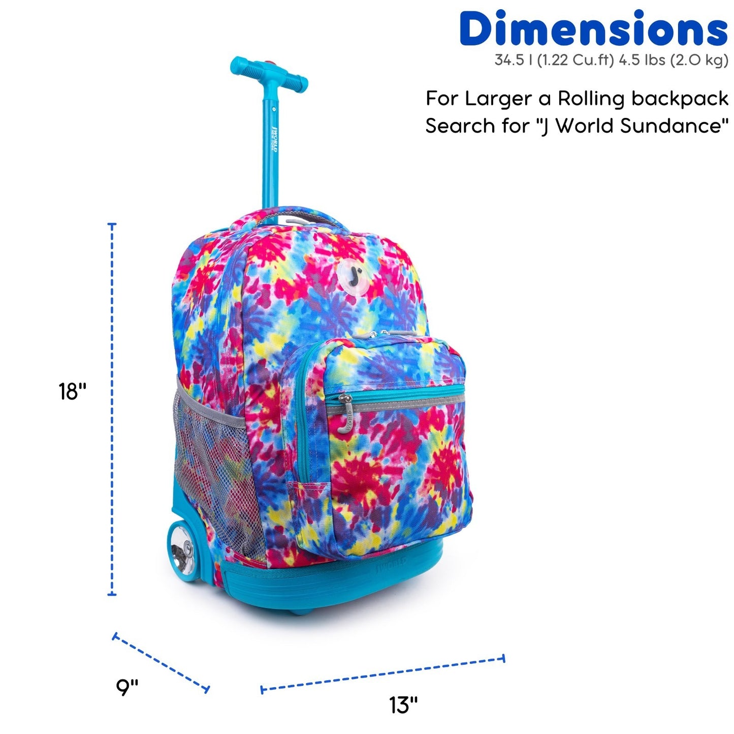 Kids Rolling Backpack with Wheels, Tie Dye School Bookbag for Girls & Boys, 18"x2