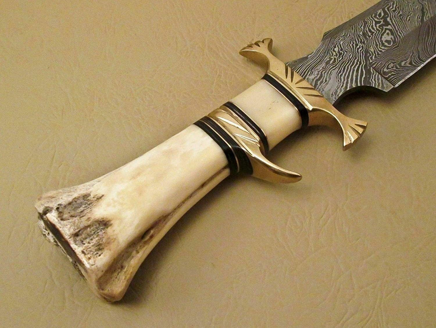 Custom Handmade Damascus Steel Hunting Knife with Camel Bone Handle - Unique Gif3