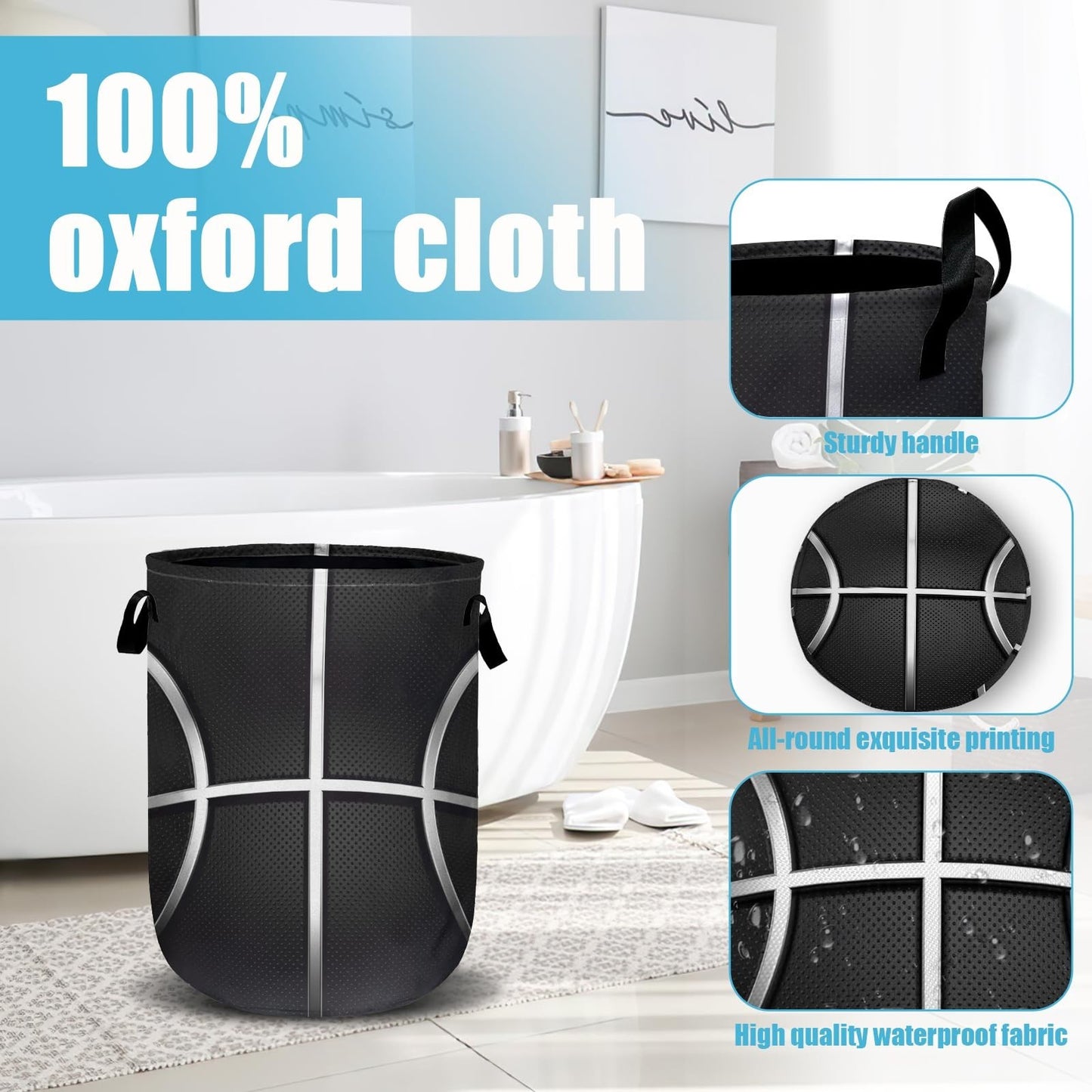 Collapsible Basketball Laundry Hamper - Oxford Cloth Storage Bin with Handle 15.4