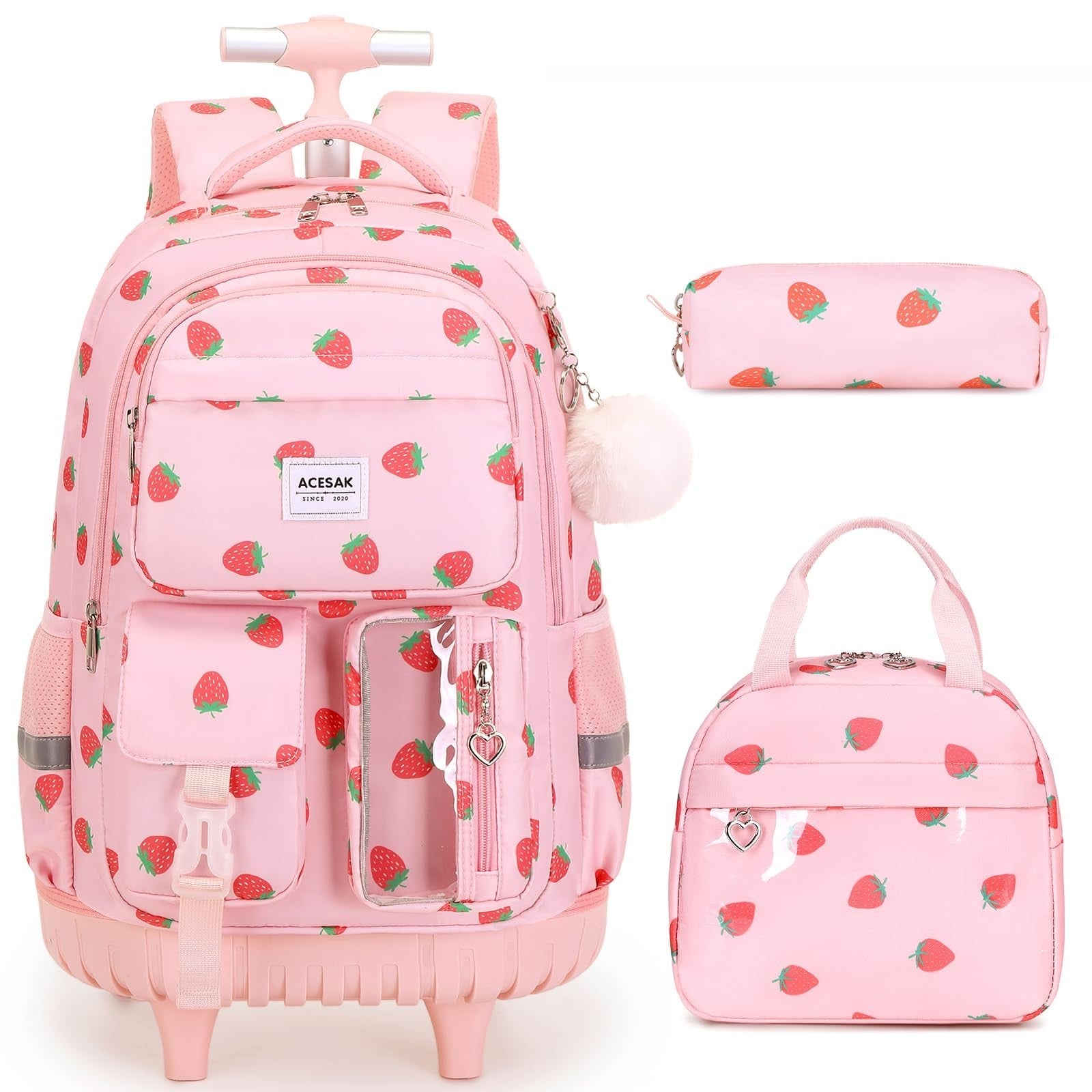 Rolling Backpack for Girls with Lunch Bag & Pencil Pouch   Wheeled Bookbag for S1