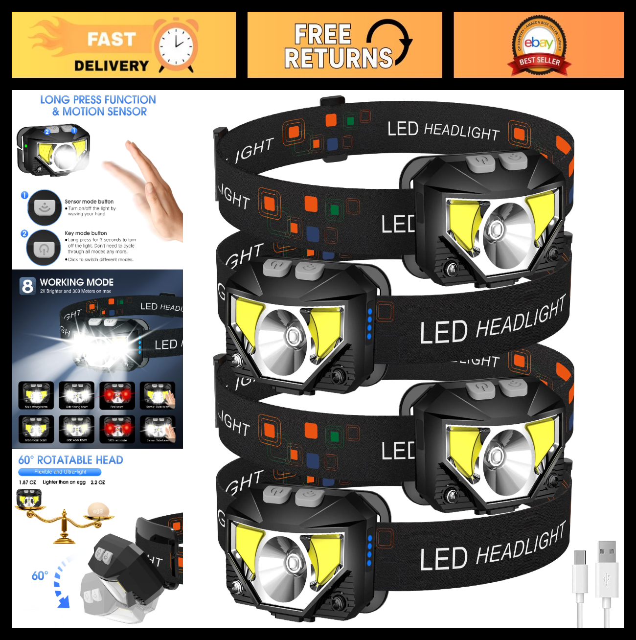 Ultra Bright LED Headlamp Flashlight 4 Pack, Rechargeable, Waterproof, 8 Modes f0