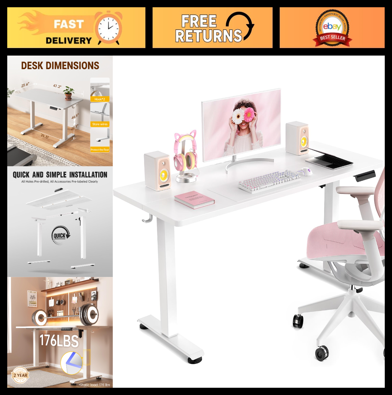 47.2 Inch Adjustable Electric Standing Desk - Sit to Stand Home Office Table, Wh0