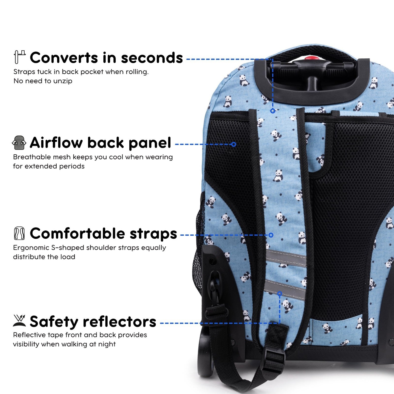 Kids Rolling Backpack with Wheels, Panda Design, School Bookbag for Boys & Girls6