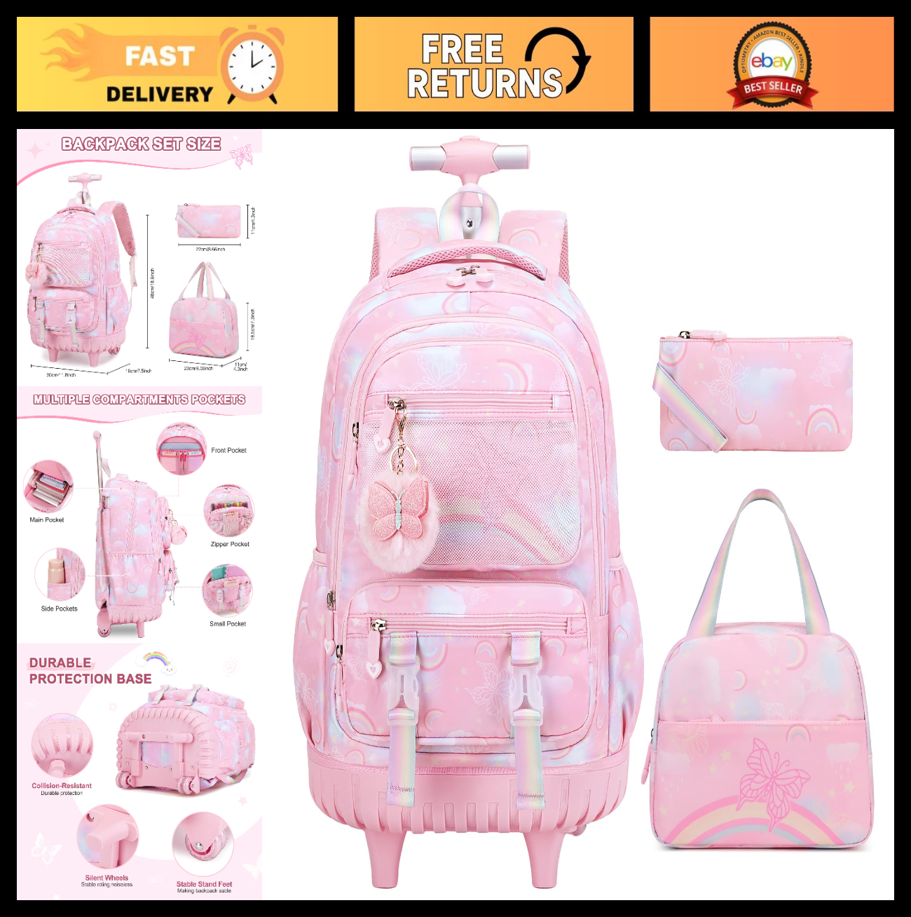 3PCS Girls Rainbow Butterfly Rolling Backpack Set with Lunch Box   Pink Travel B0