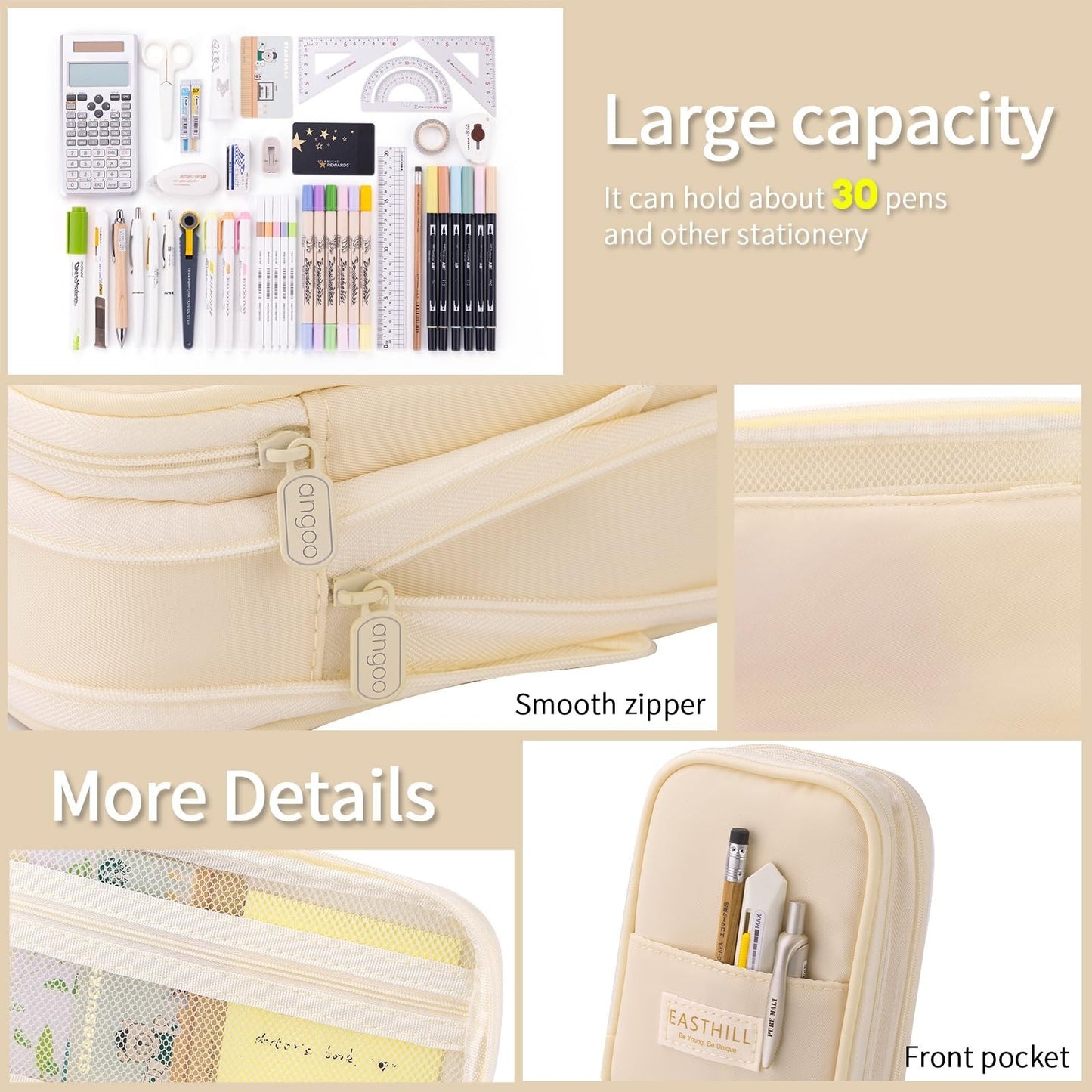 Large Capacity Pencil Case, Big Pencil Pouch, Stationery Bag for Teens   Cream4
