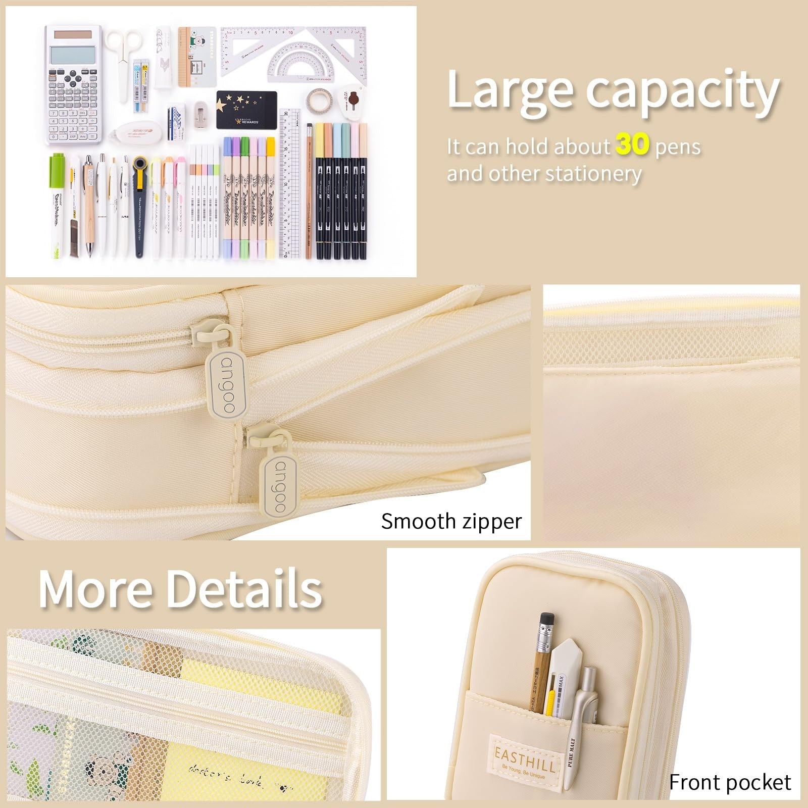Large Capacity Pencil Case, Big Pencil Pouch, Stationery Bag for Teens   Cream4