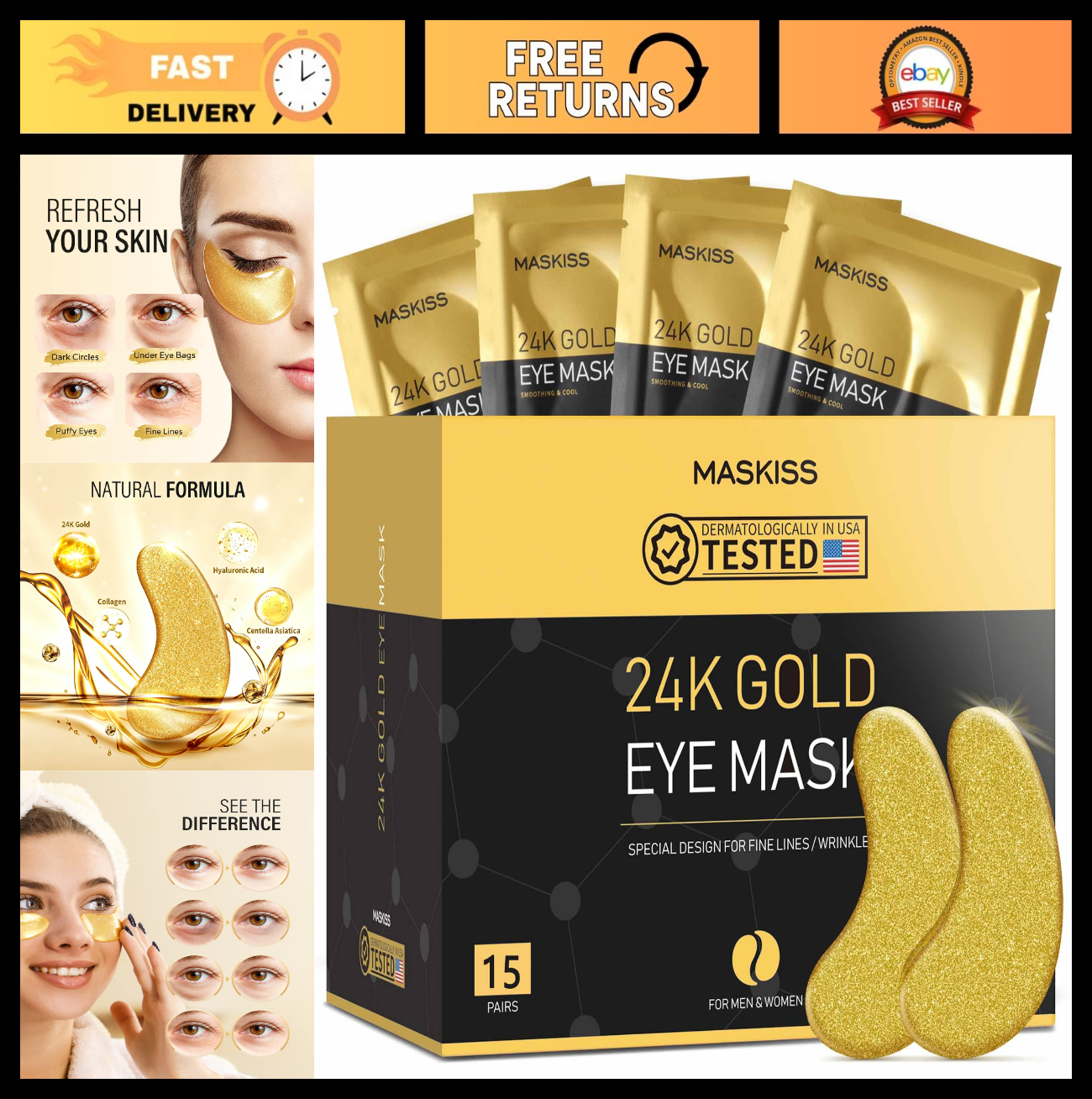 24K Gold Under Eye Patches - 15 Pairs, Collagen Eye Masks for Dark Circles & Puf0
