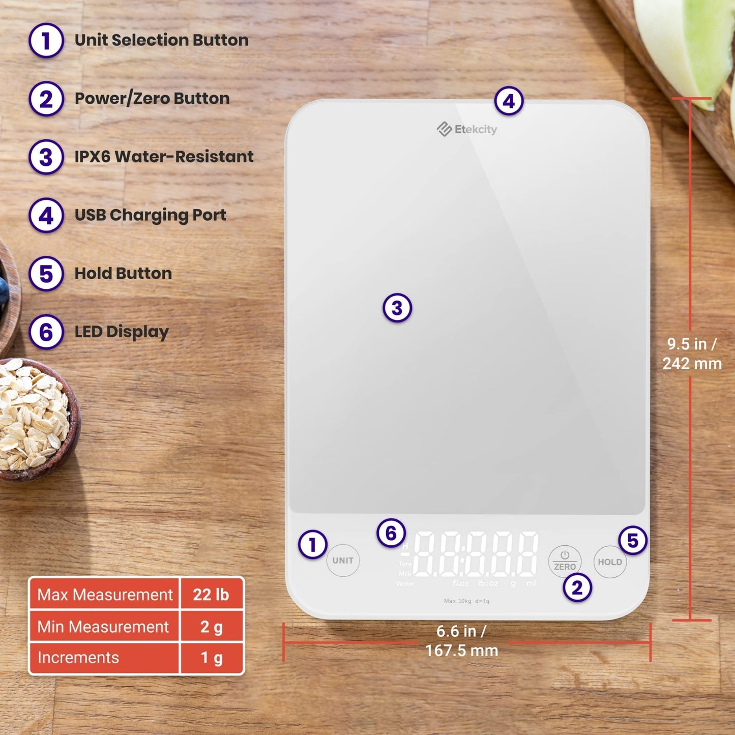 22lb Digital Kitchen Scale   USB Rechargeable, Waterproof, 1g Precision, Tare, G6