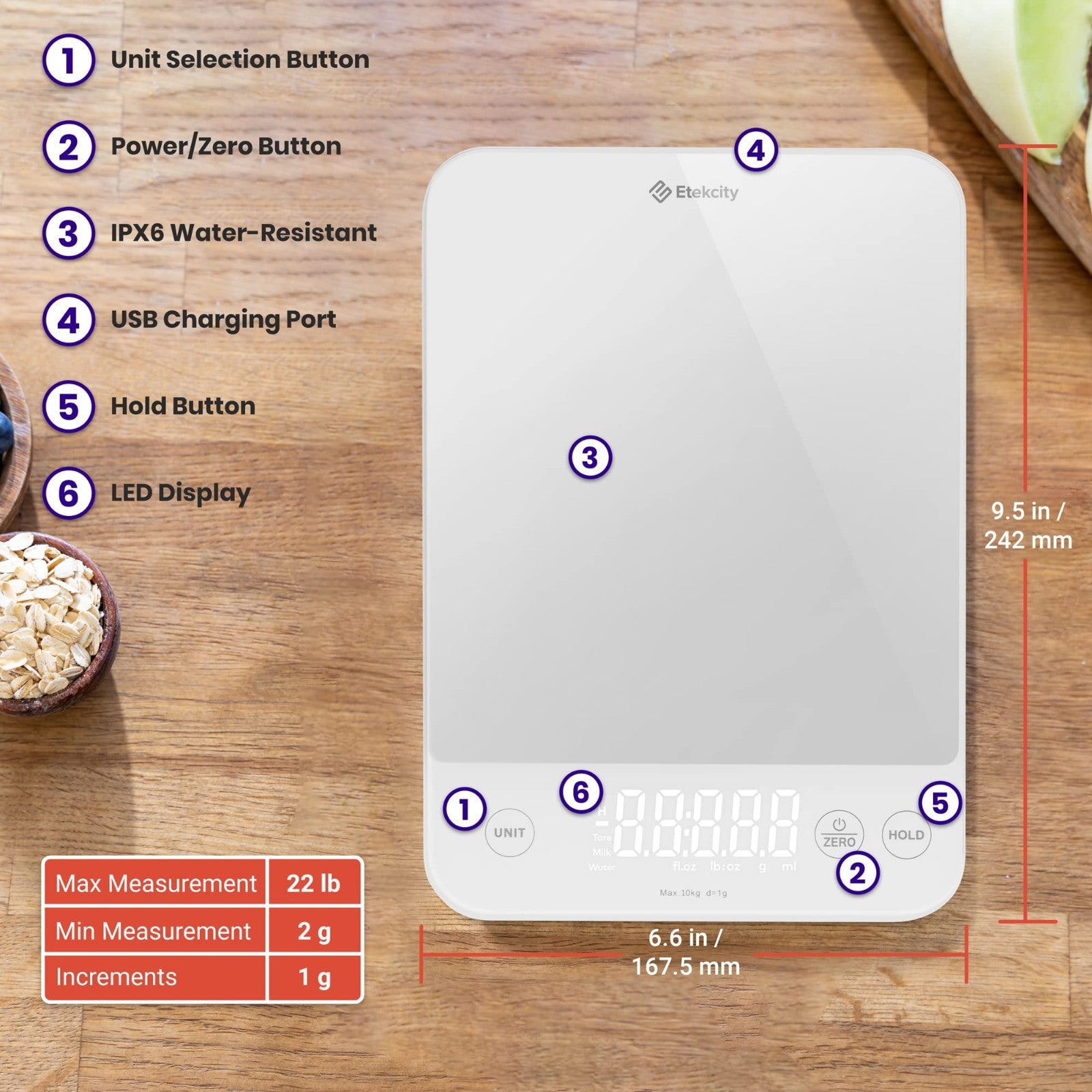 22lb Digital Kitchen Scale   USB Rechargeable, Waterproof, 1g Precision, Tare, G6