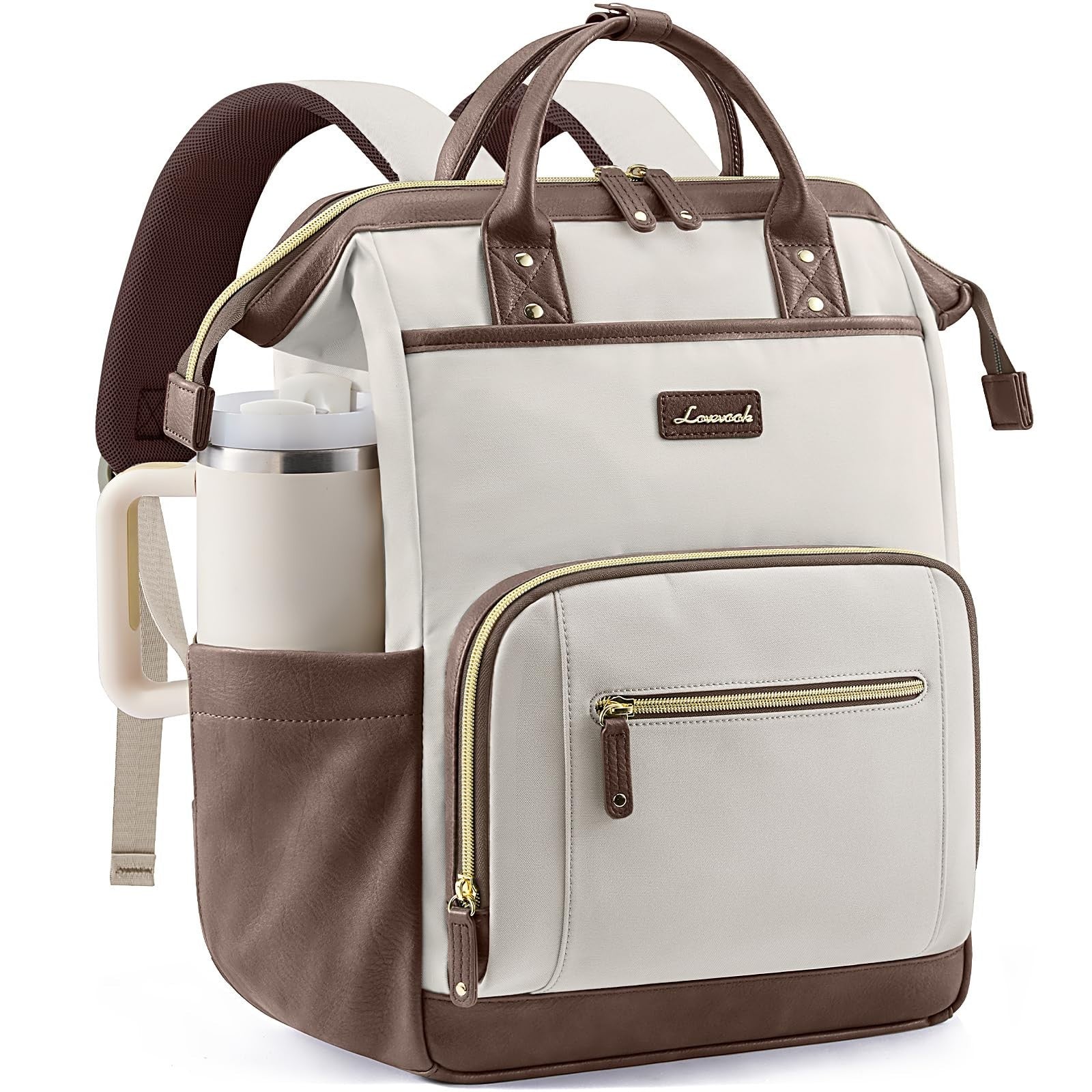 Stylish 15.6" Laptop Backpack for Women, Waterproof Travel Bag with Tumbler Hold0