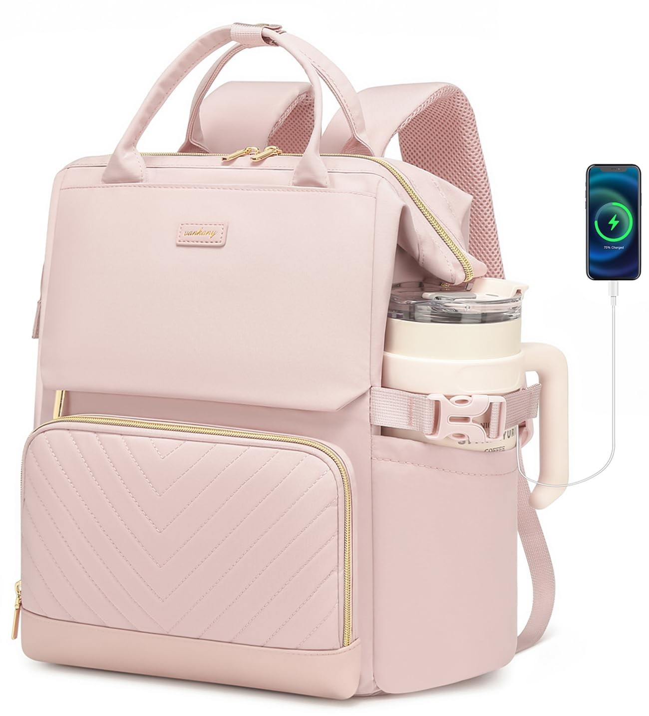 Large Laptop Backpack for Women, Teacher Nurse Work Bag with Cup Holder & USB Ch0